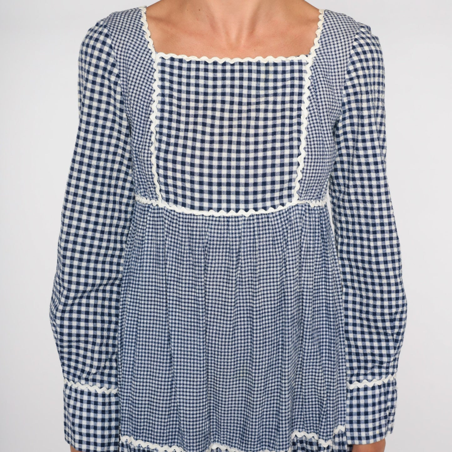 70s Sue Brett Blue Gingham Maxi Dress Empire Waist Puff Sleeve Small