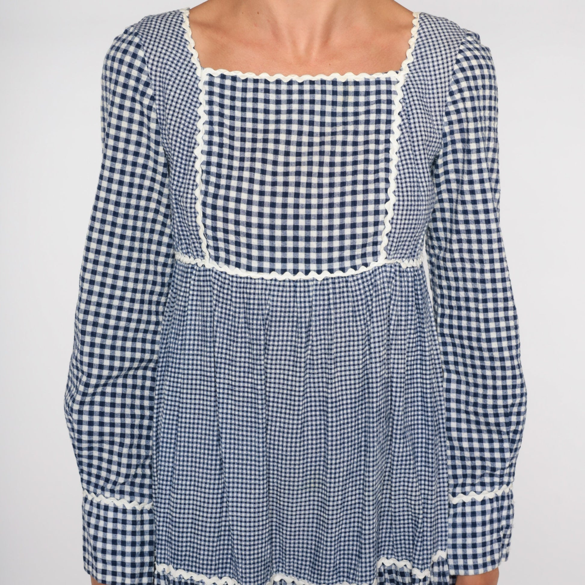 70s Sue Brett Blue Gingham Maxi Dress Empire Waist Puff Sleeve Small