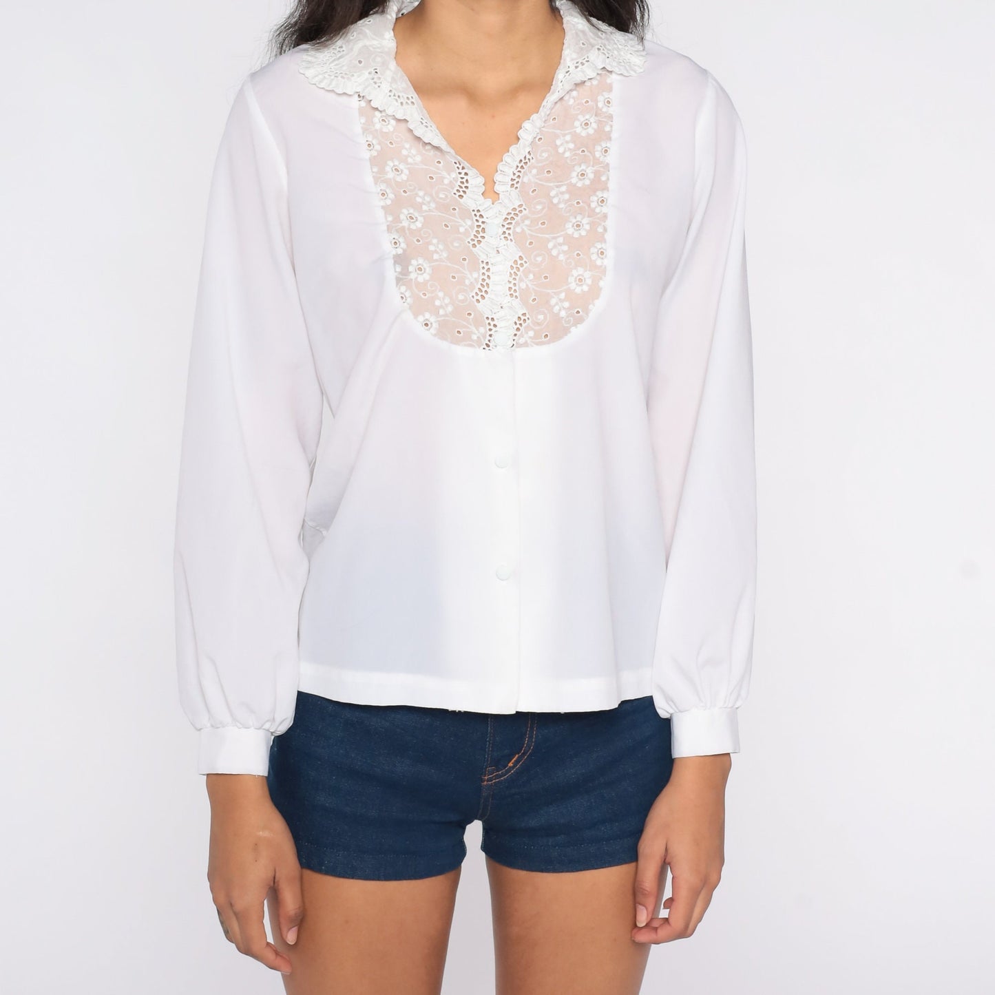 70s White Lace Blouse Victorian Button-Up Sheer Long Sleeve Small Medium