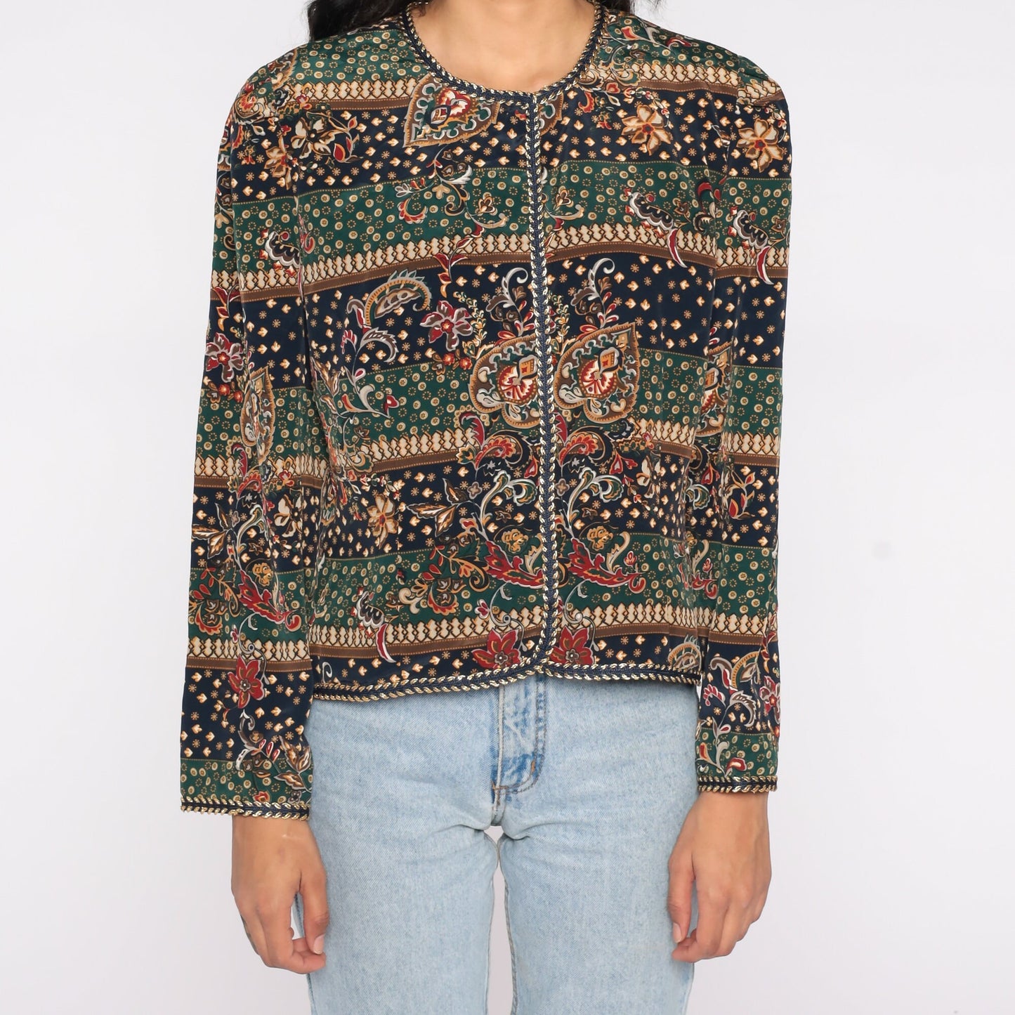 90s Abstract Floral Striped Jacket Green Blue Leaf Print Button Up Large L