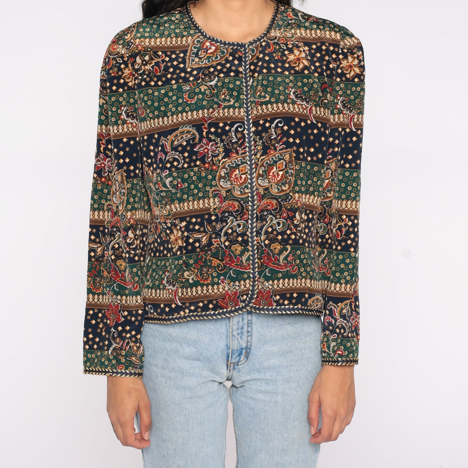 90s Abstract Floral Striped Jacket Green Blue Leaf Print Button Up Large L