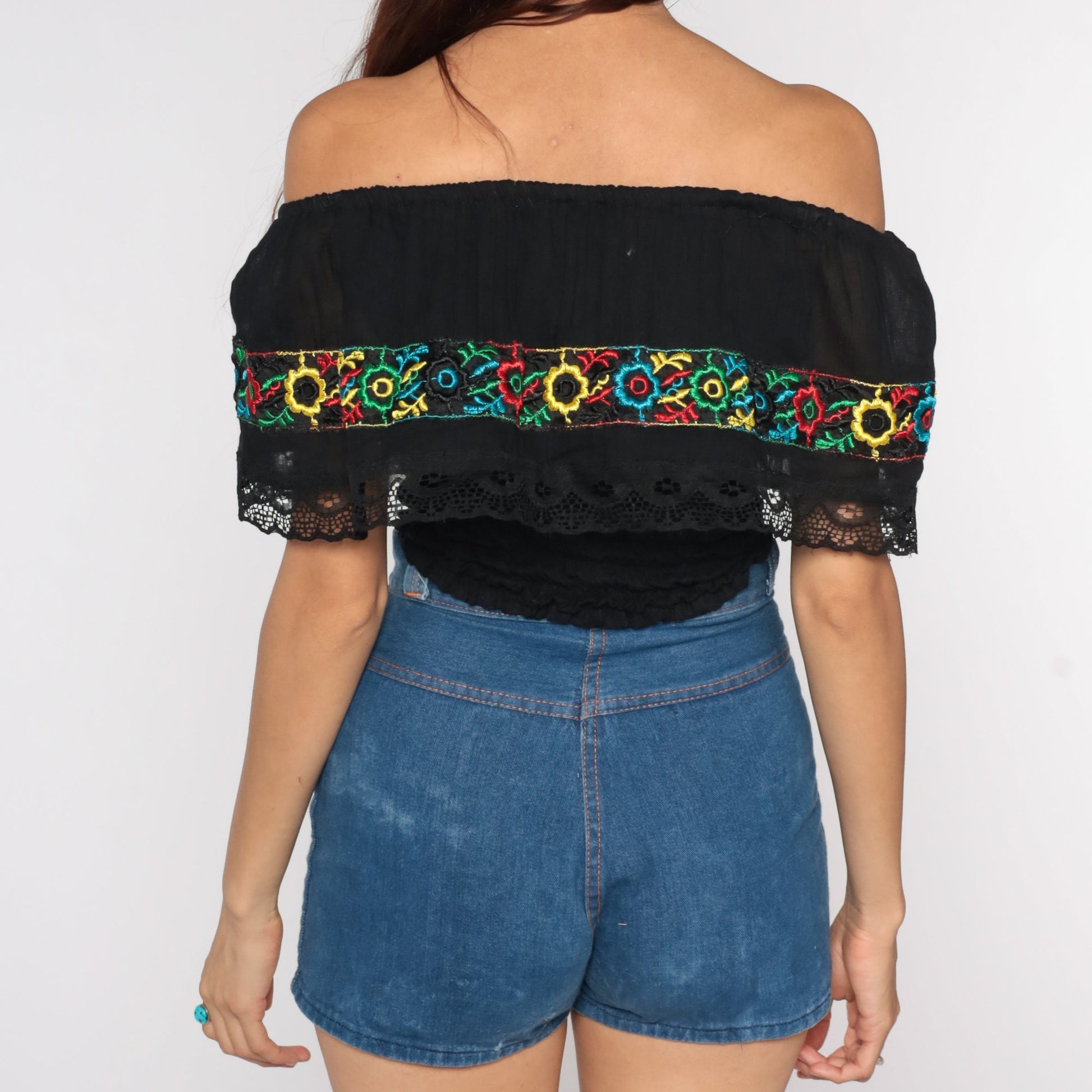 80s Black Off-Shoulder Blouse Floral Embroidered Smocked Waist Extra Small