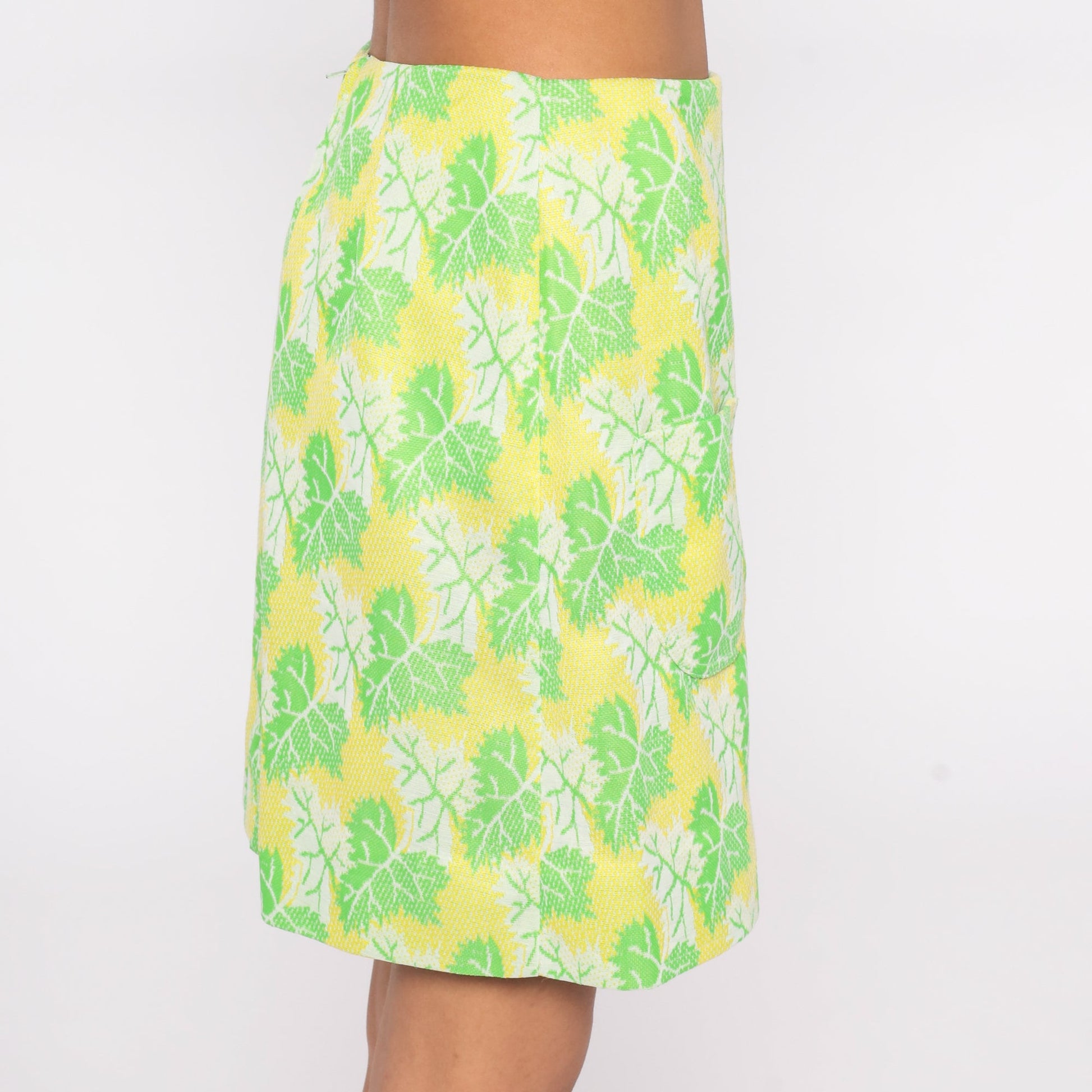 70s Yellow Leaf Print Mini Skirt High Waist Pocket Small