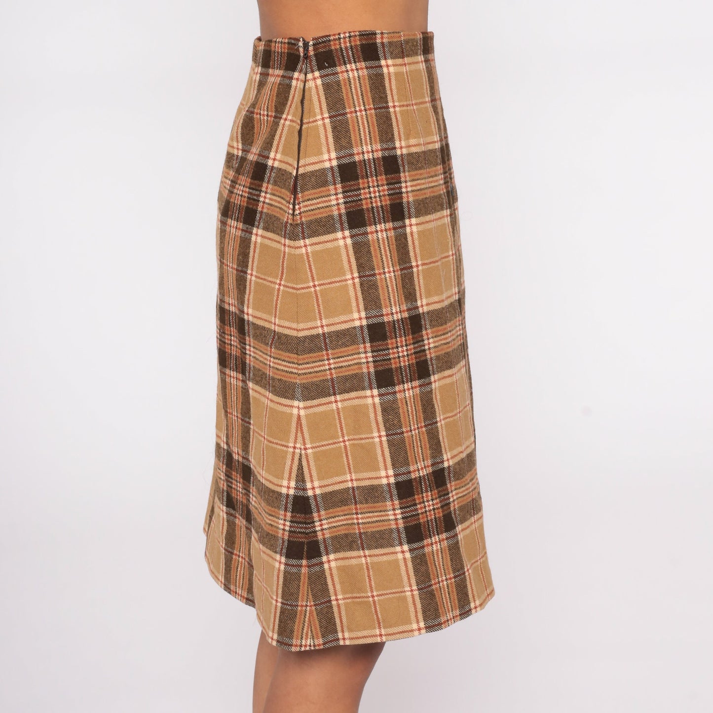 70s Brown Plaid High-Waist Pencil Skirt Wool Extra Small XS