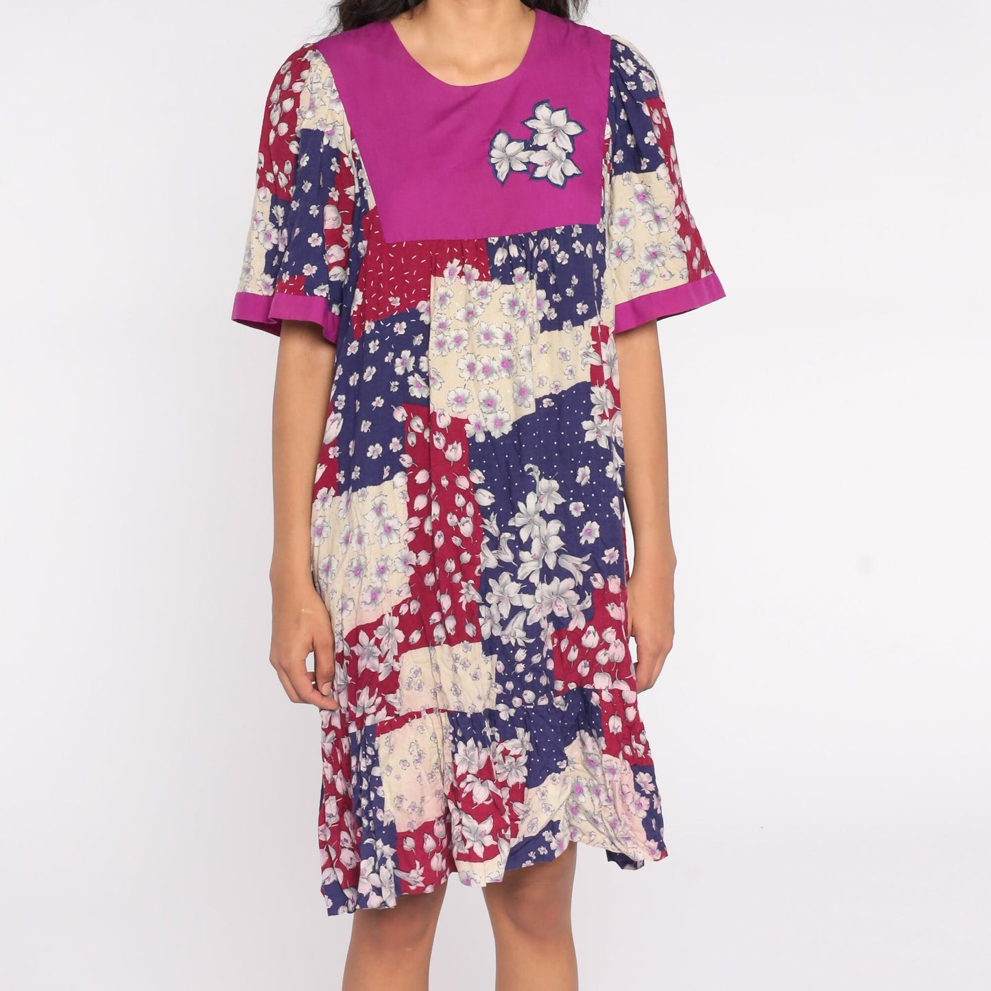 80s Liberty House Floral Patchwork Midi Dress Purple Blue Red Extra Large