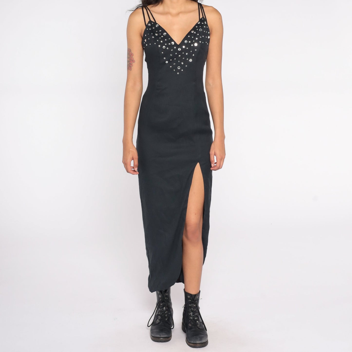 80s Black Maxi Dress Rhinestone Chest Spaghetti Strap Low Back High Slit Extra Small