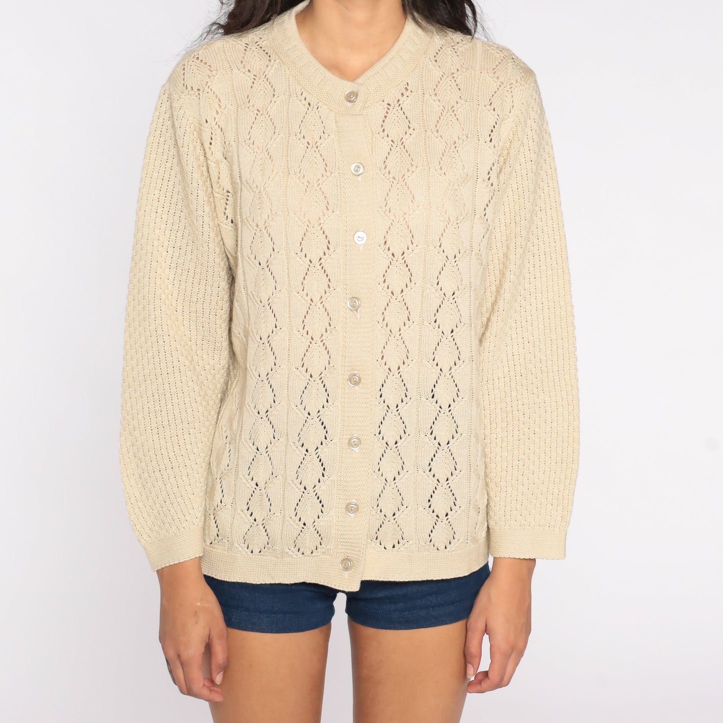 70s Beige Cardigan Sweater Pointelle Open Weave Button Up Knitwear Small
