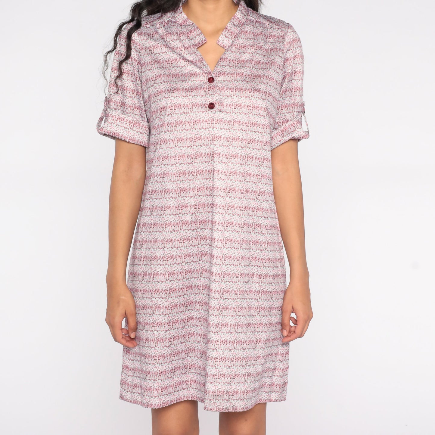90s Striped Shirt Dress Pink Floral Button-Up Collar Mini Large L
