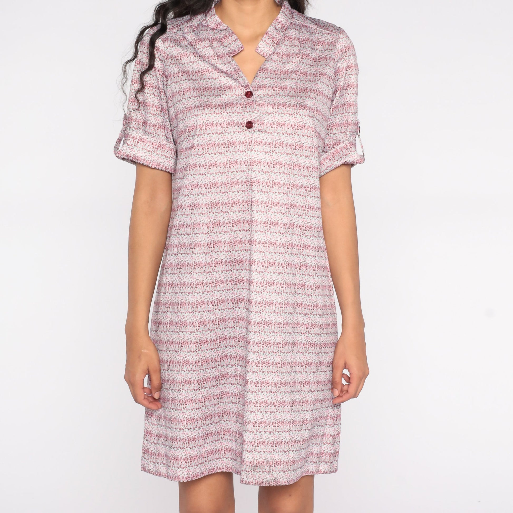 90s Striped Shirt Dress Pink Floral Button-Up Collar Mini Large L