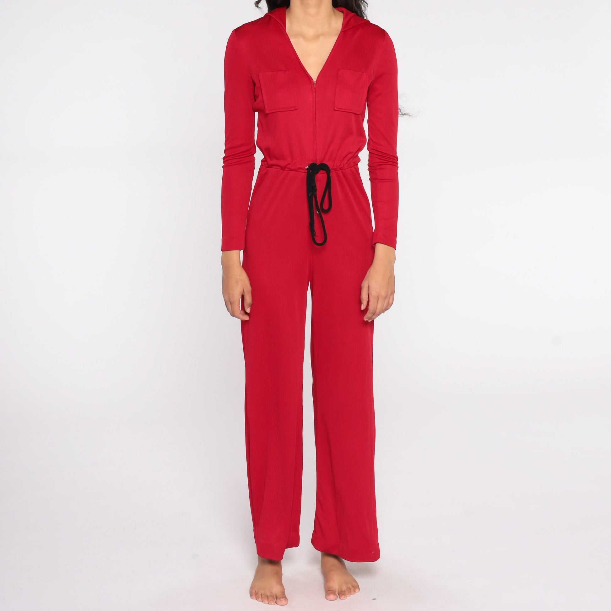 70s Red Hooded Jumpsuit Wide Leg Bell Bottom Zip Front Small