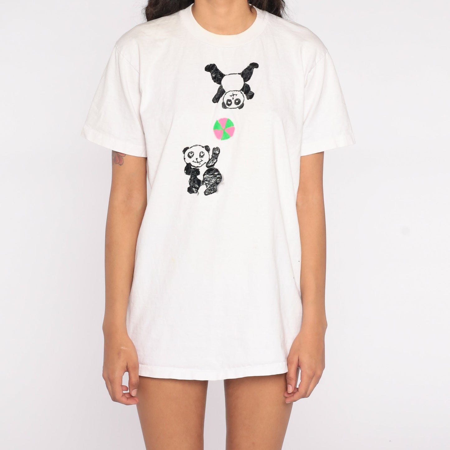90s Panda Bear Graphic T-Shirt White Animal Print Tee Medium Large