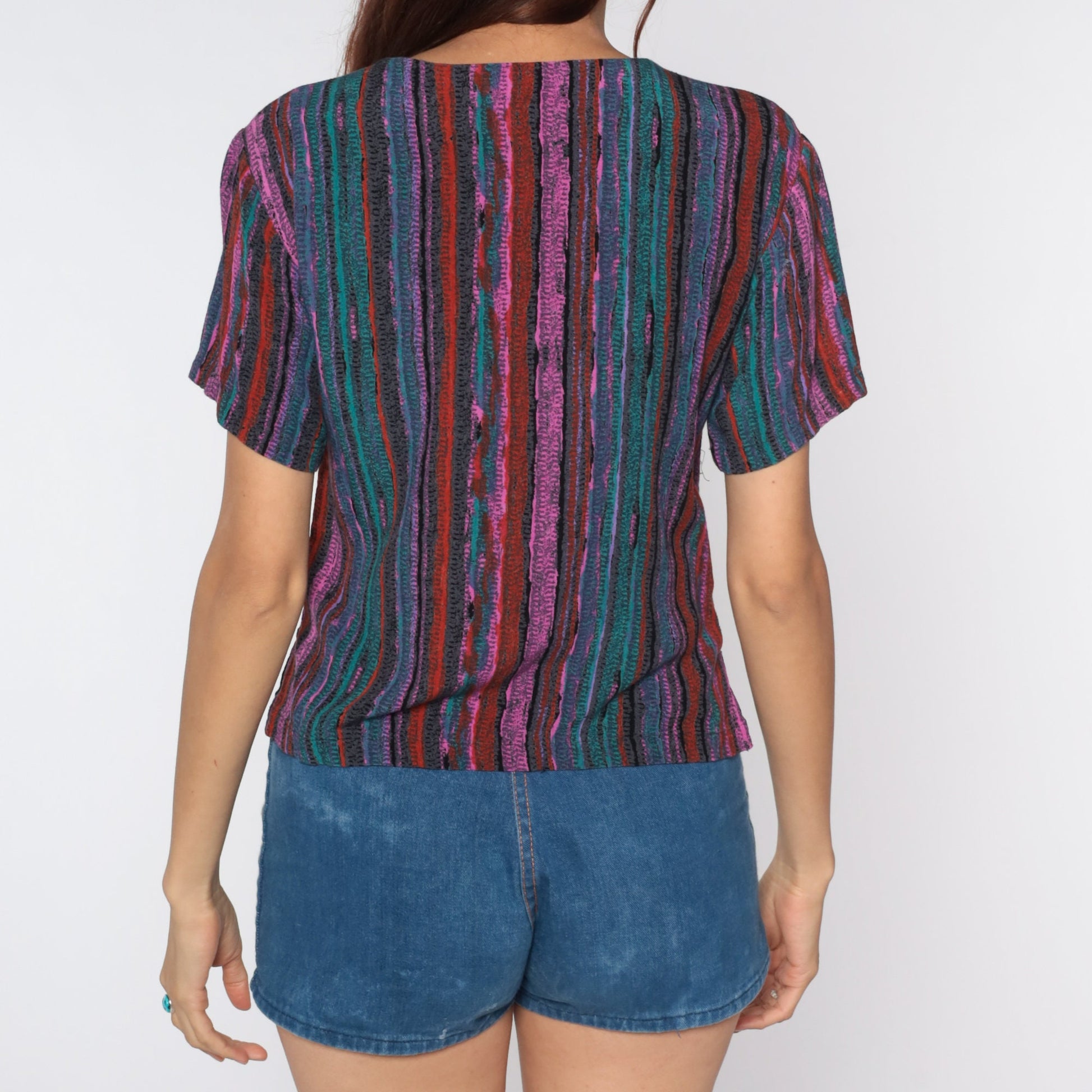 90s Striped Button-Up Shirt Purple Teal Green Pink Short Sleeve Small