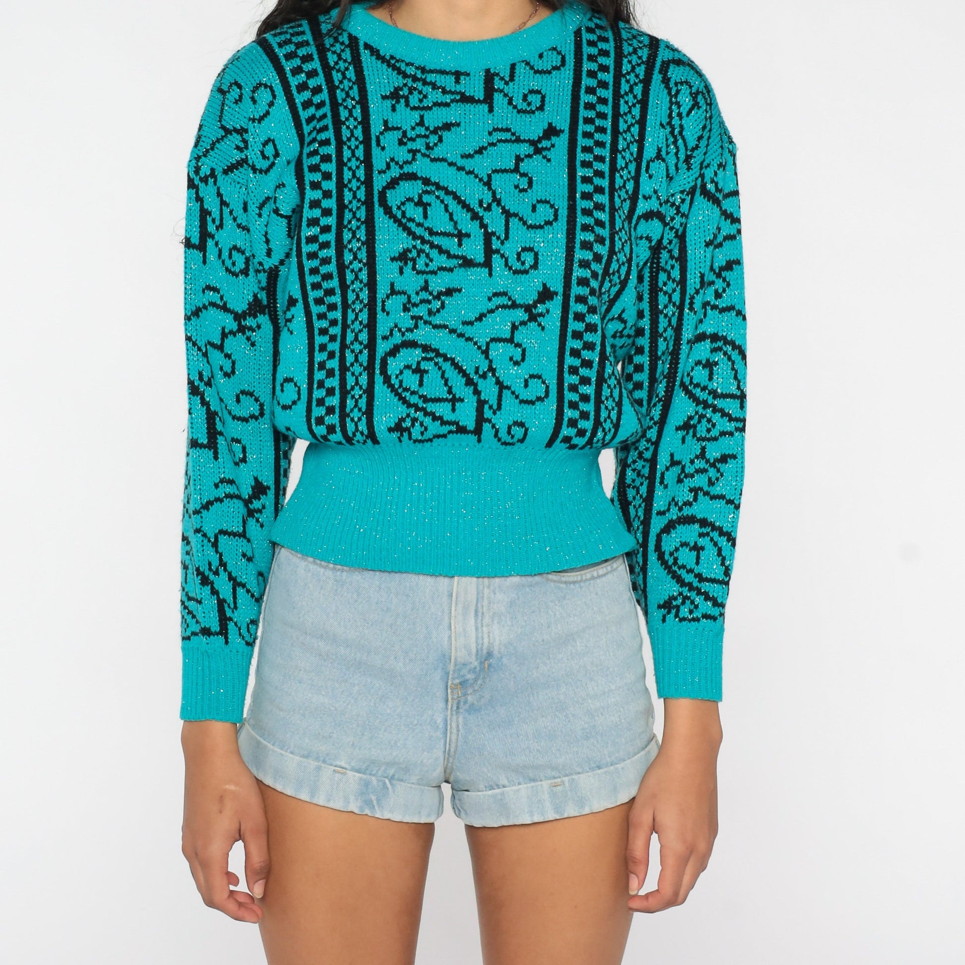 80s Sparkly Teal Geometric Knit Sweater Metallic Swirl Crewneck Small