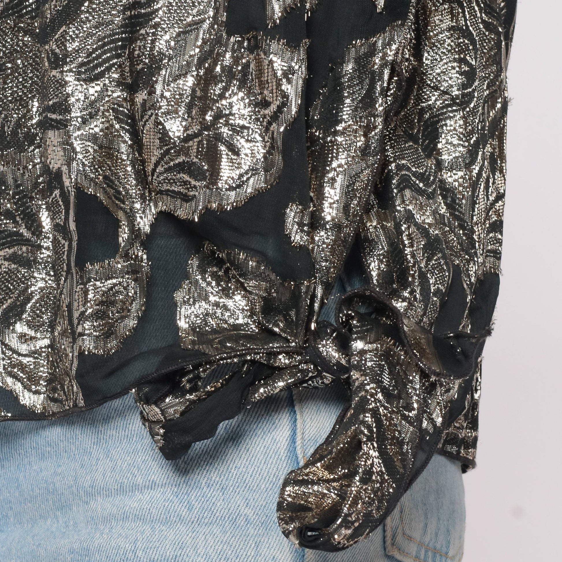 80s Metallic Silver Rose Floral Sheer Blouse Dolman Sleeve Small