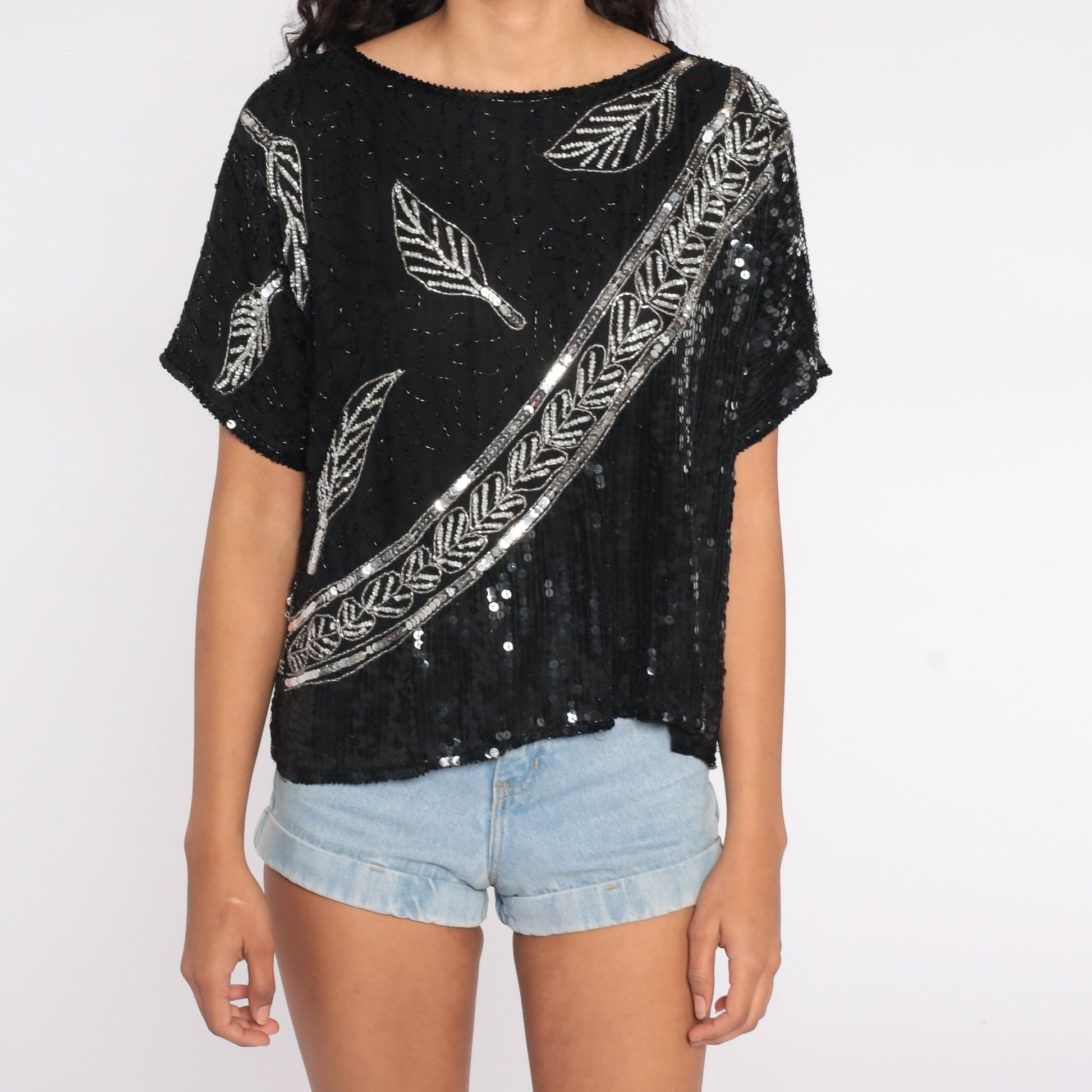 80s Black Silk Sequin Beaded Blouse Silver Leaf Print Disco Top Medium