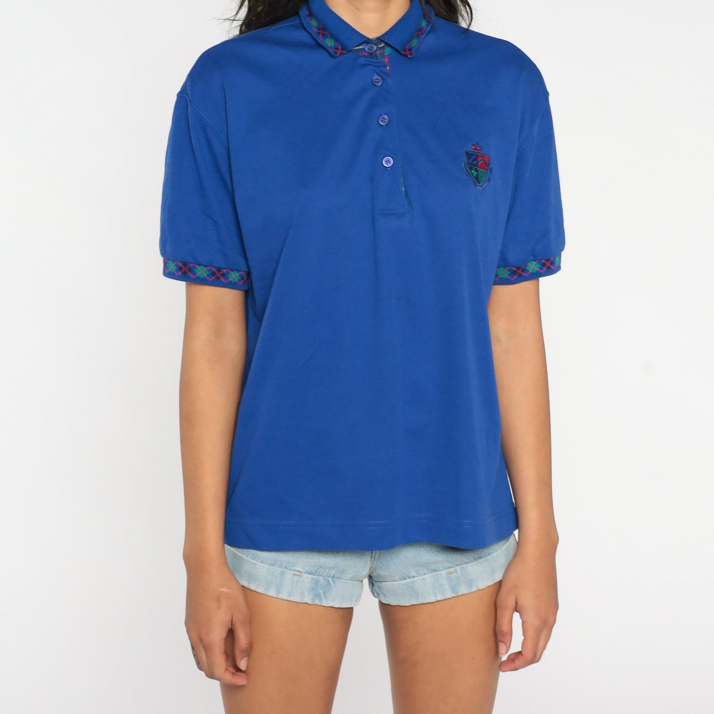 90s Blue Polo Shirt Embroidered Crest Argyle Trim Quarter Button Large L