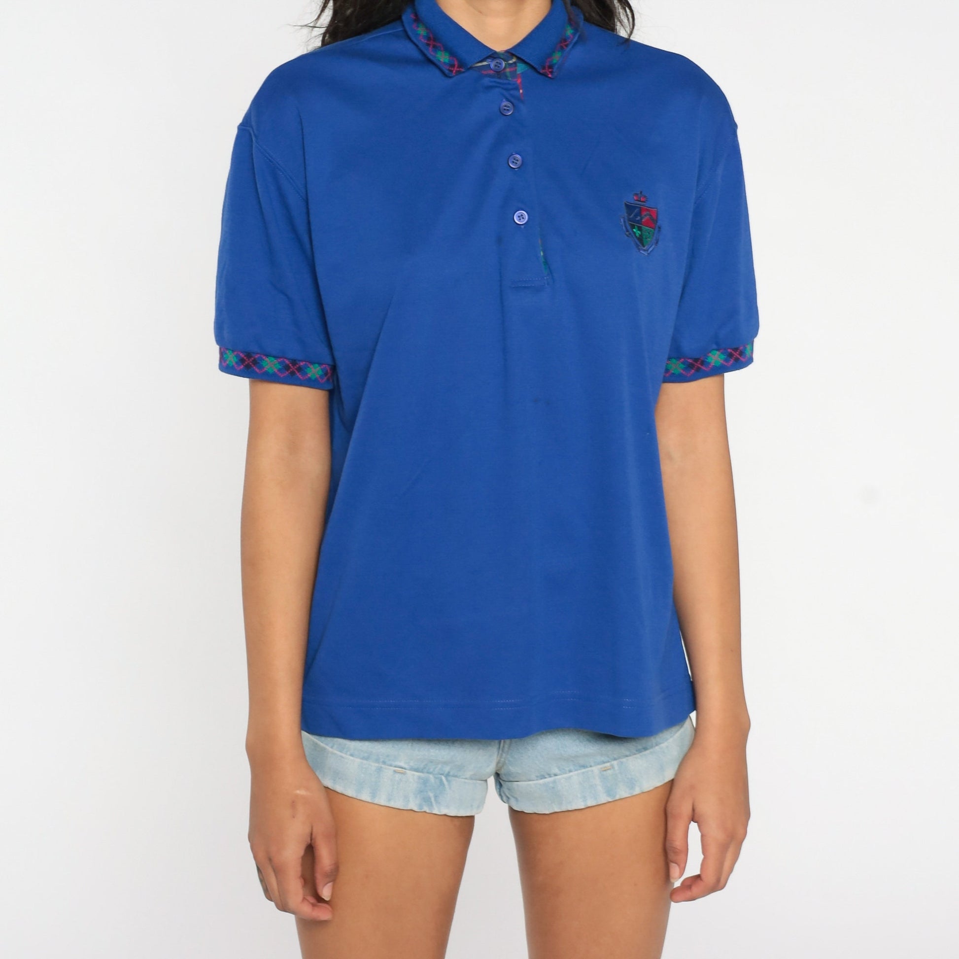90s Blue Polo Shirt Embroidered Crest Argyle Trim Quarter Button Large L