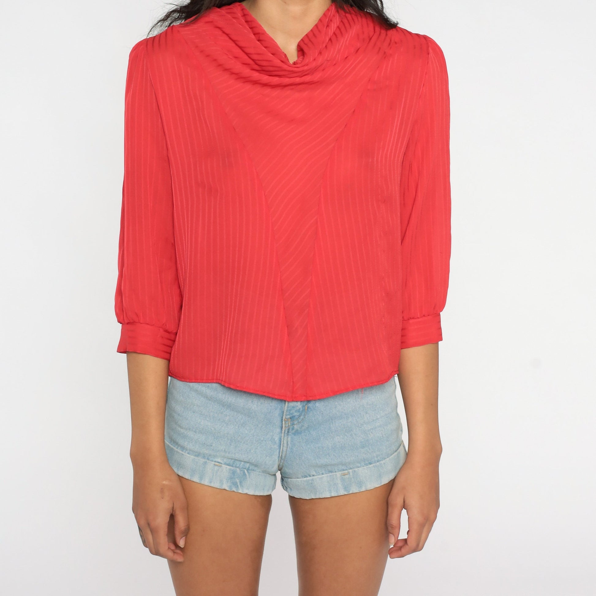 80s Red Cowl Neck Blouse Puff Sleeve Semi Sheer Party Top Medium