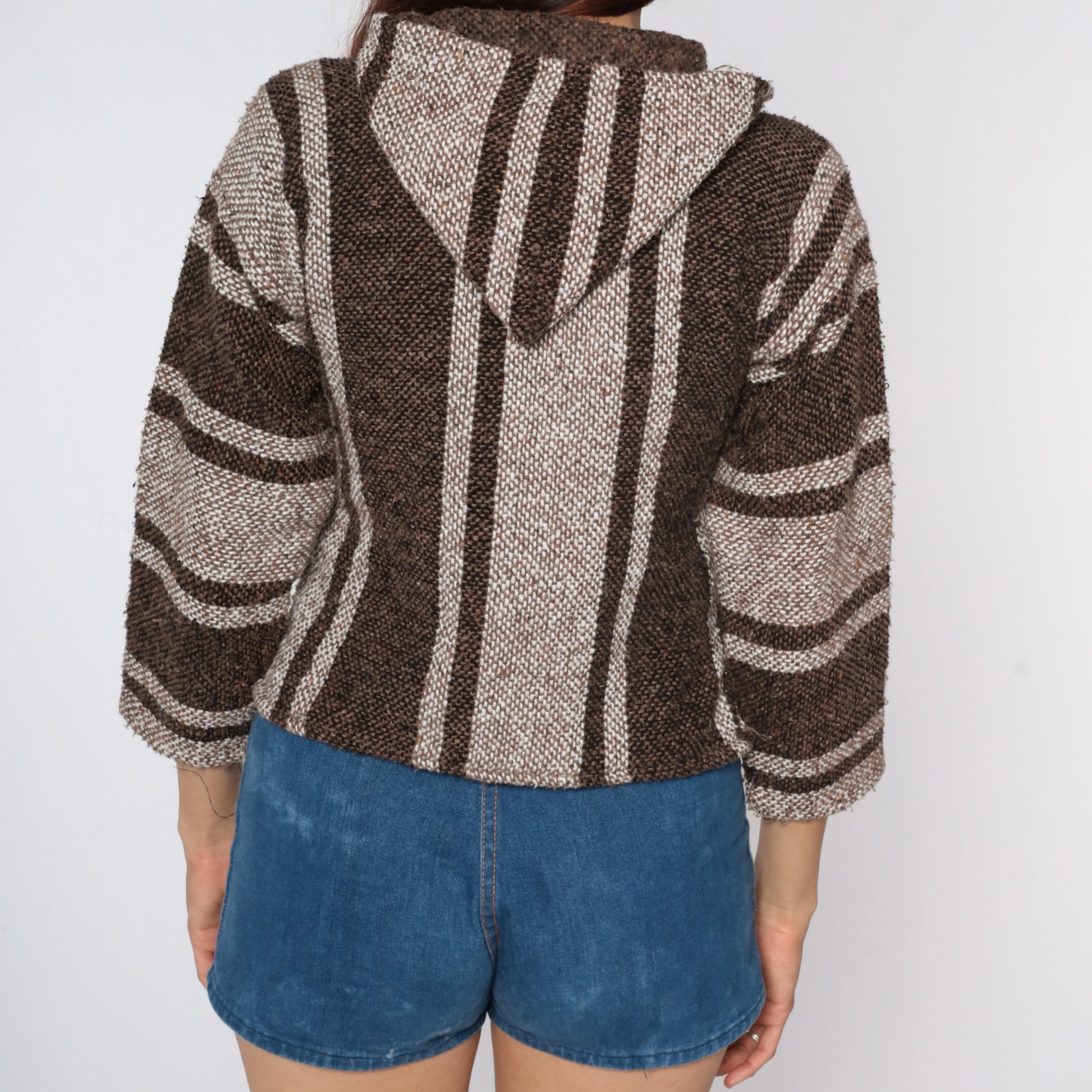 90s Mexican Drug Rug Hoodie Brown Stripe Kangaroo Pocket XXS