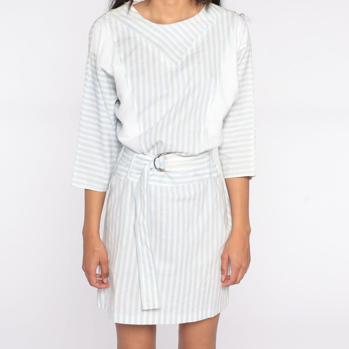 80s Striped Mini Dress White Blue 3/4 Sleeve High Waisted Medium