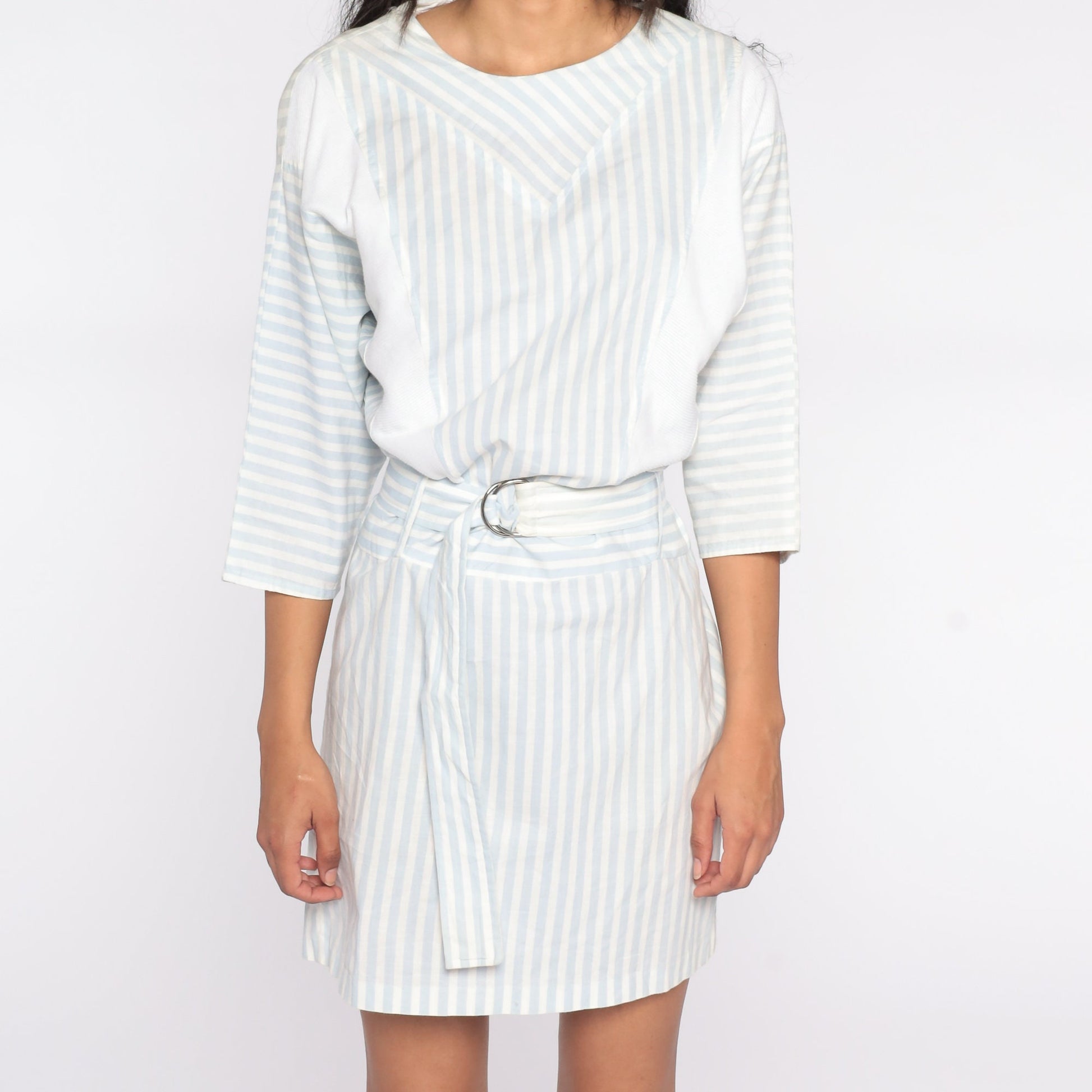 80s Striped Mini Dress White Blue 3/4 Sleeve High Waisted Medium