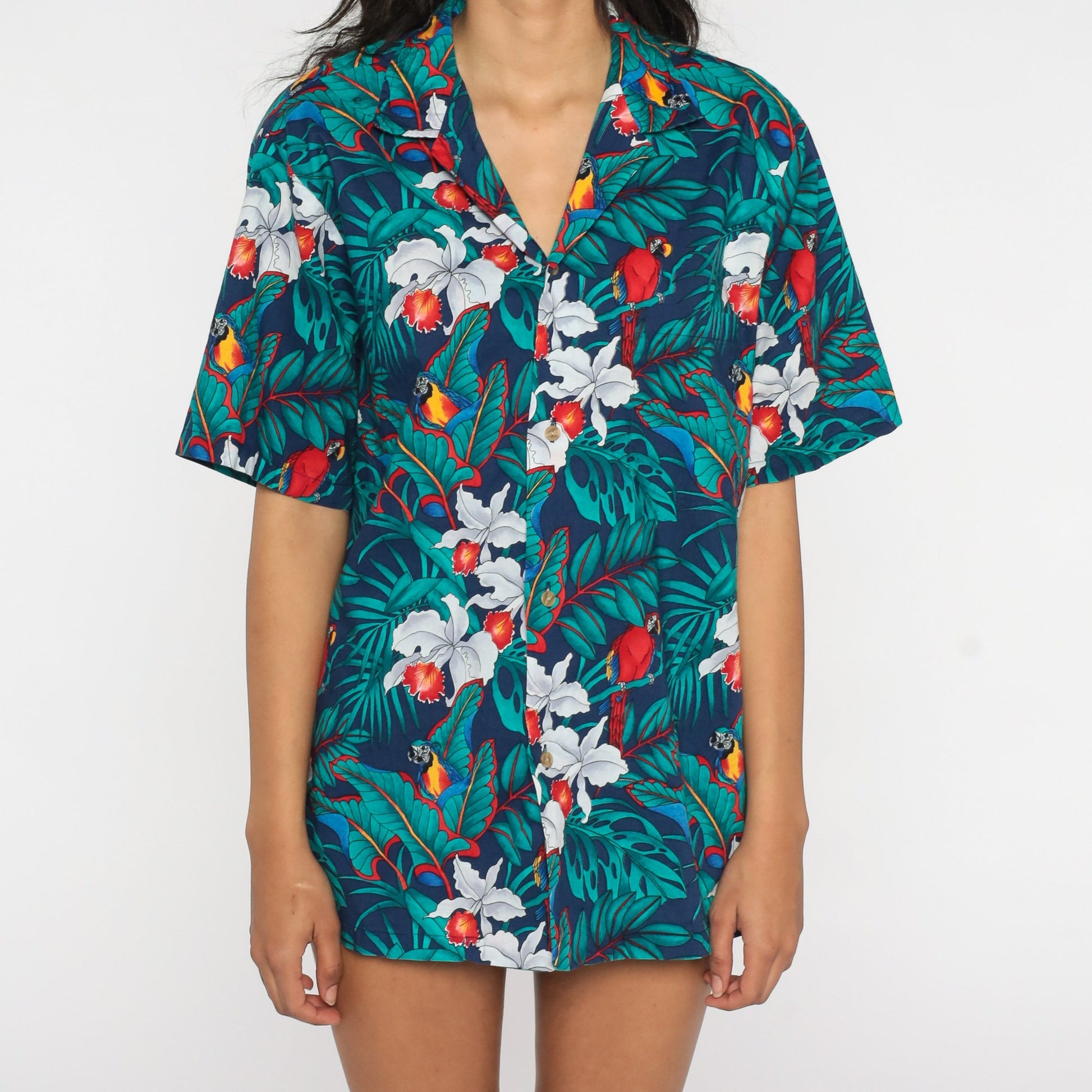 80s Hawaiian Shirt Blue Tropical Floral Parrot Print Cotton Button-Up Large L