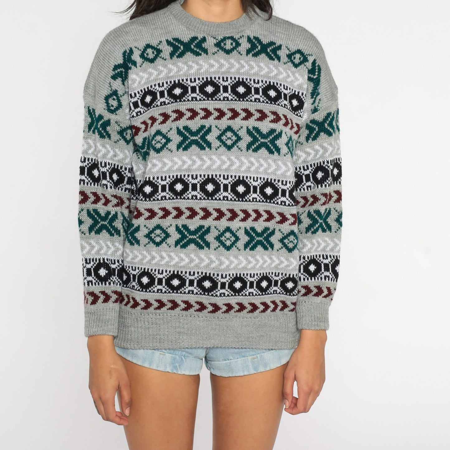 90s Grey Geometric Striped Knit Pullover Sweater Mens Large