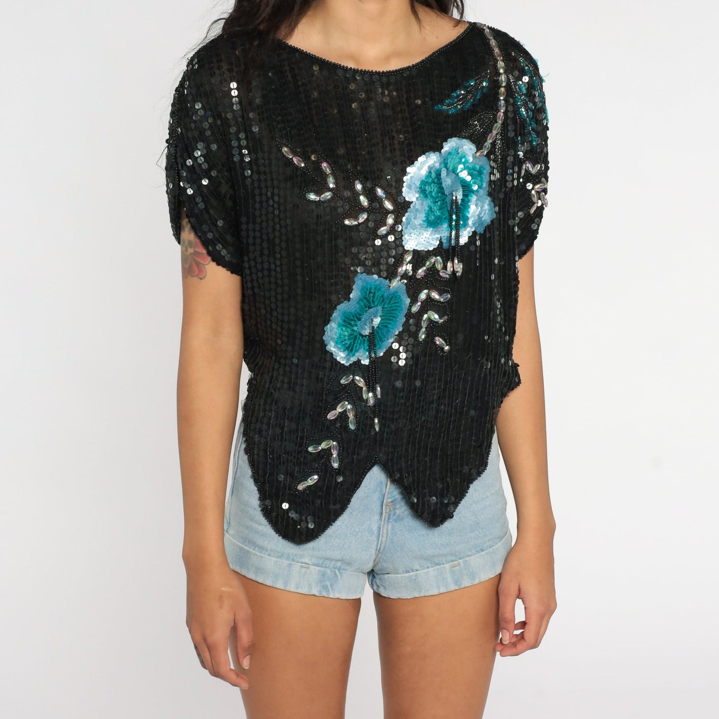 80s Sequin Floral Blouse Black Blue Metallic Short Sleeve Small Medium