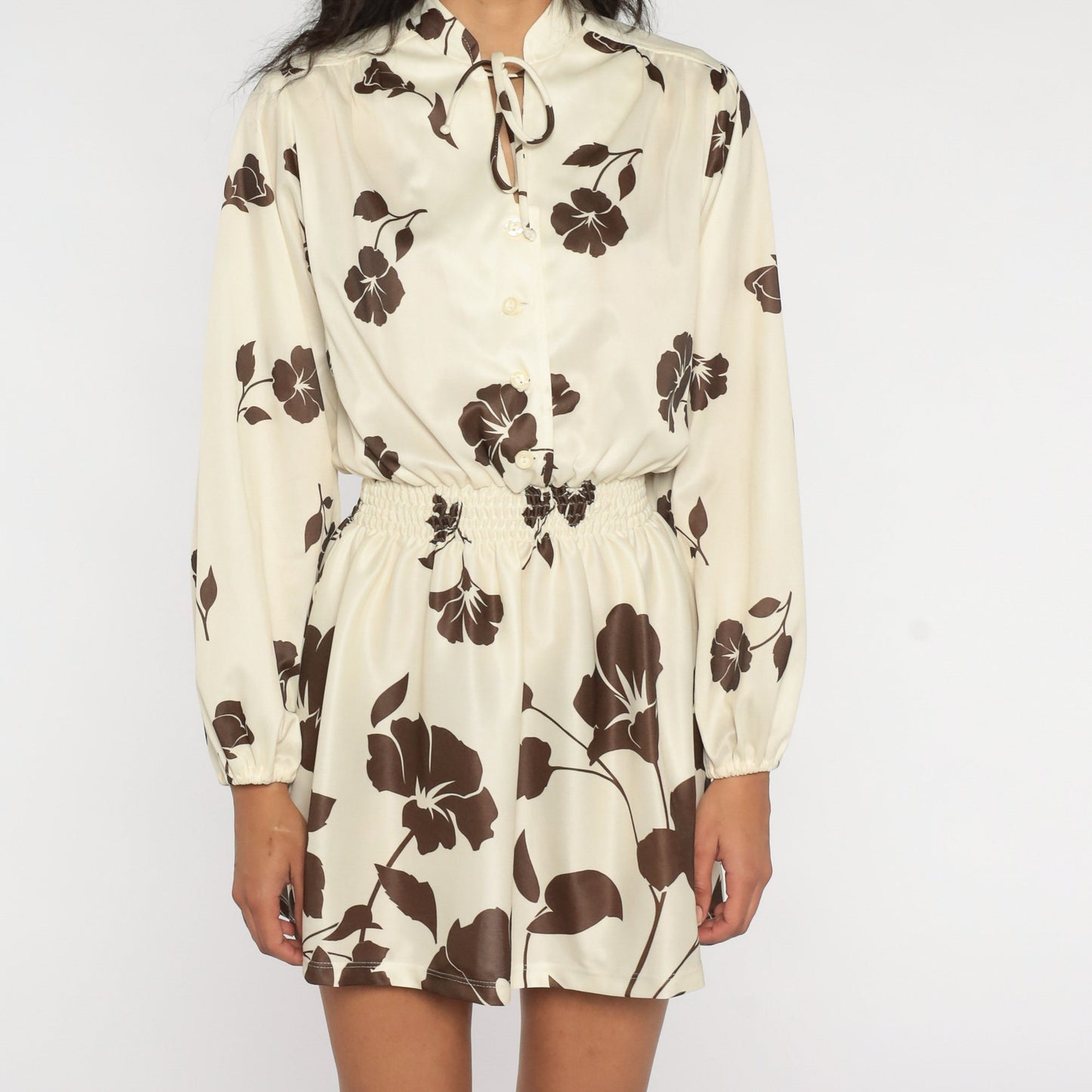 70s Floral Blouson Mini Dress Cream Brown Long Sleeve Smocked Waist Small