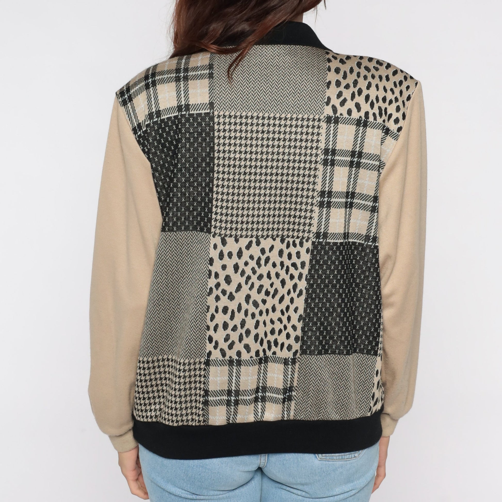 80s Patchwork Sweatshirt with Attached Vest Plaid Houndstooth Leopard Large L