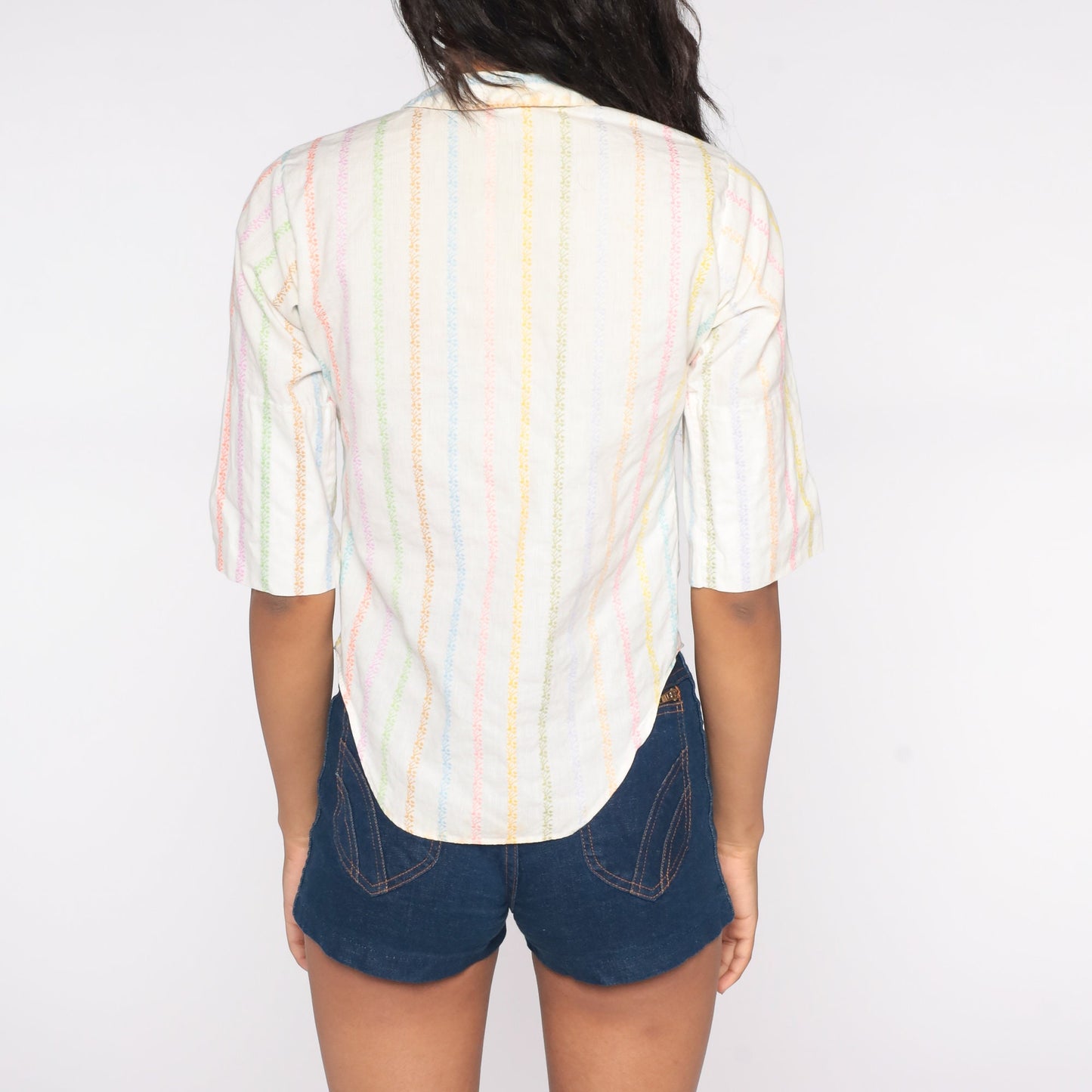 60s Rainbow Striped Button-Up Blouse Cotton Shirt White Collar Extra Small