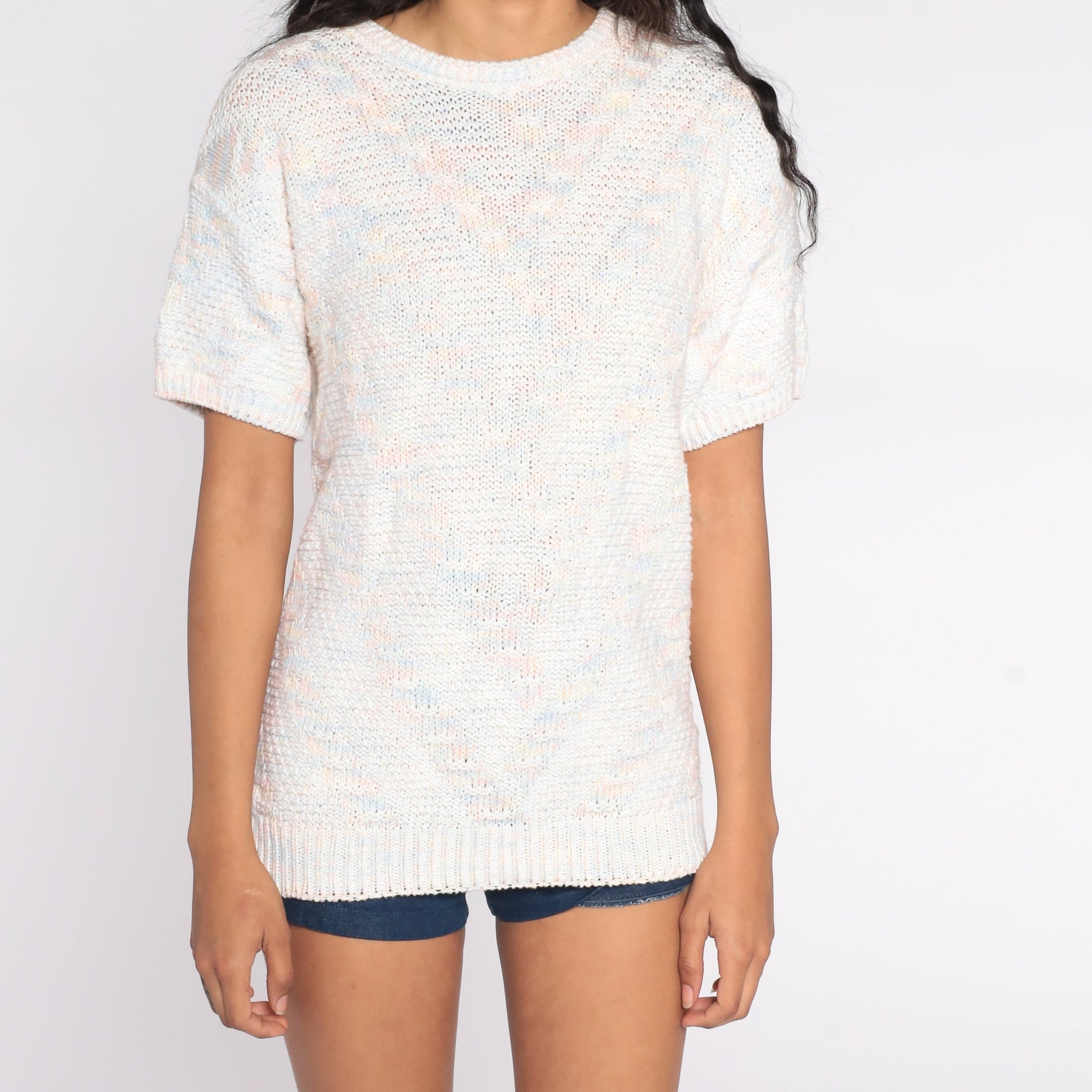 80s White Pastel Striped Knit Shirt Short Sleeve Medium Large