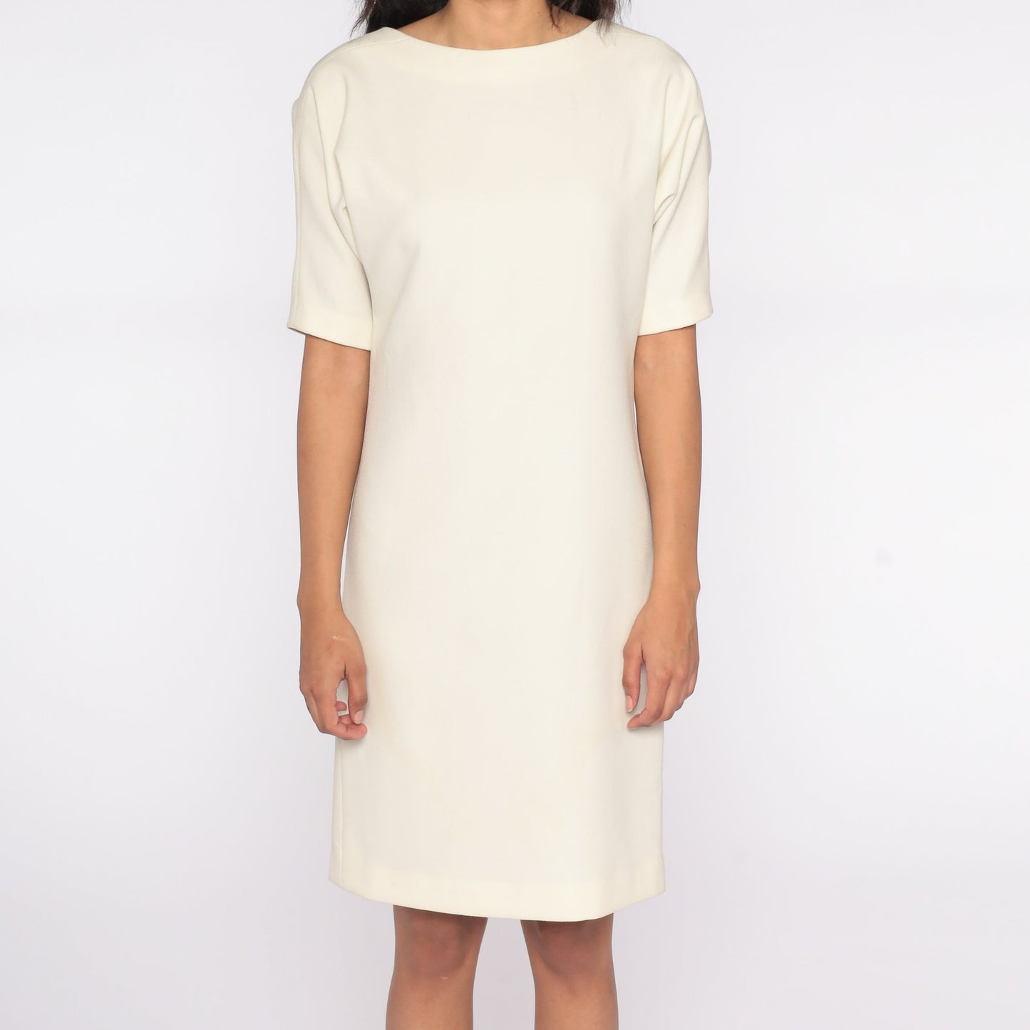 80s Cream Shift Dress Button Back Short Sleeve Knee Length Small