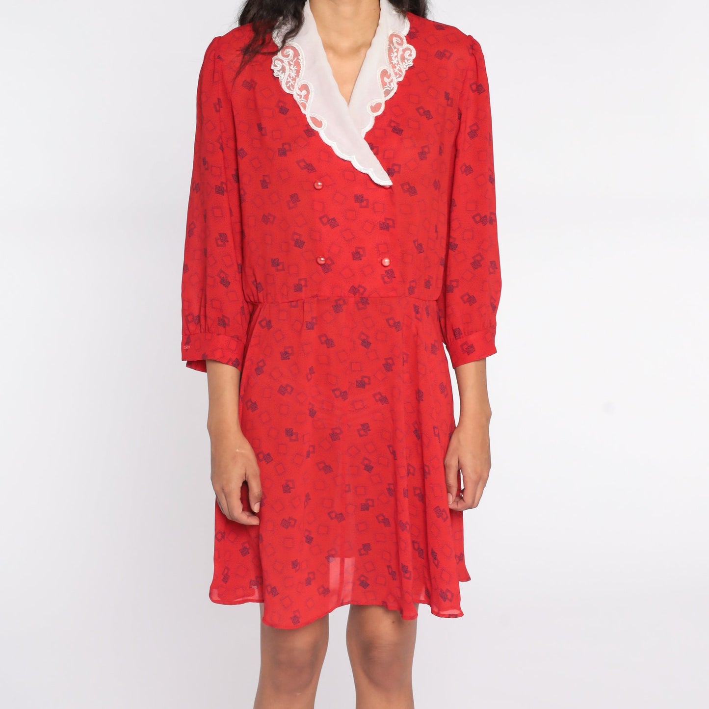 80s Geometric Print Wrap Dress Red Mini V-Neck High Waist Medium Large