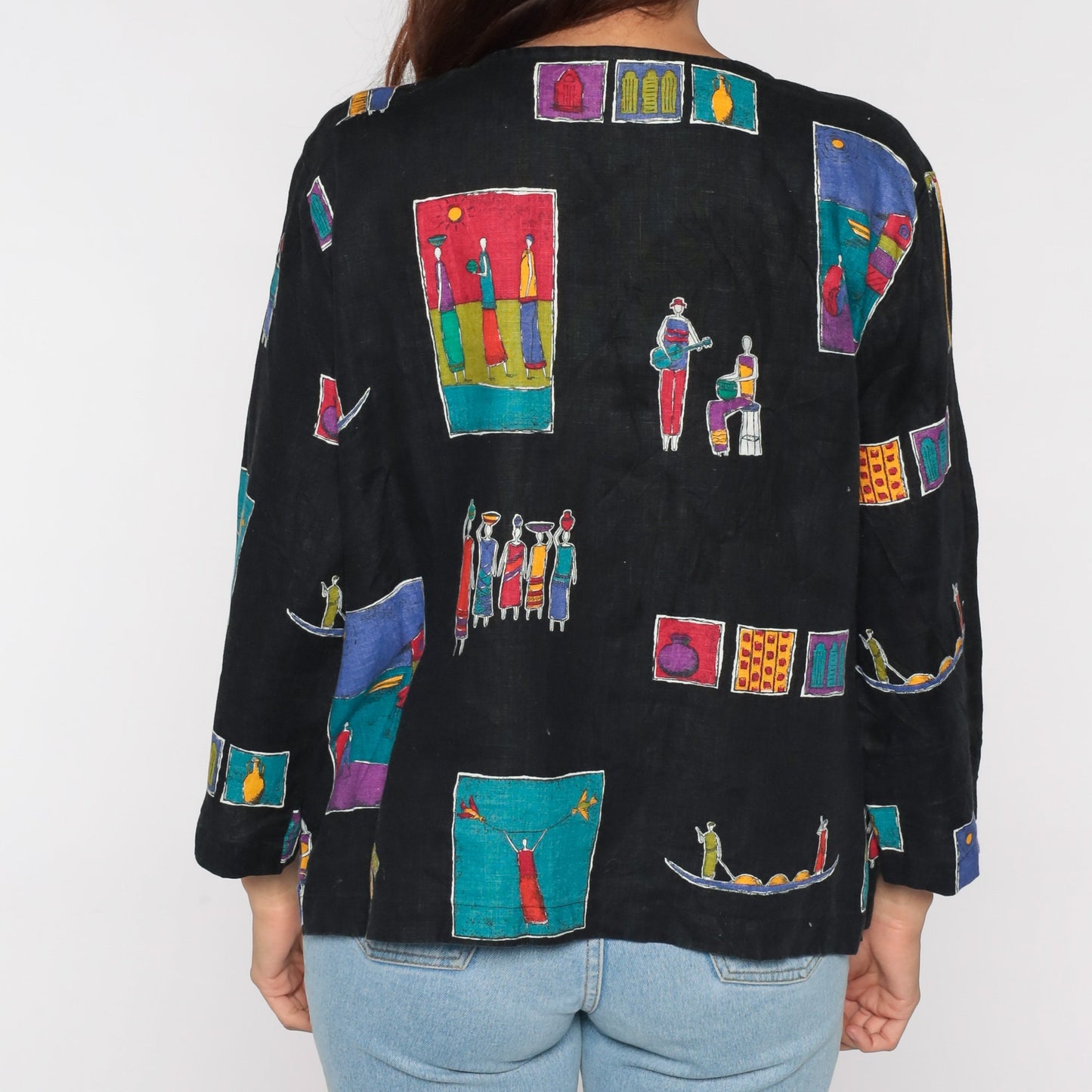 90s Village Print Black Blouse Long Sleeve Button Up Novelty Seaside Large L