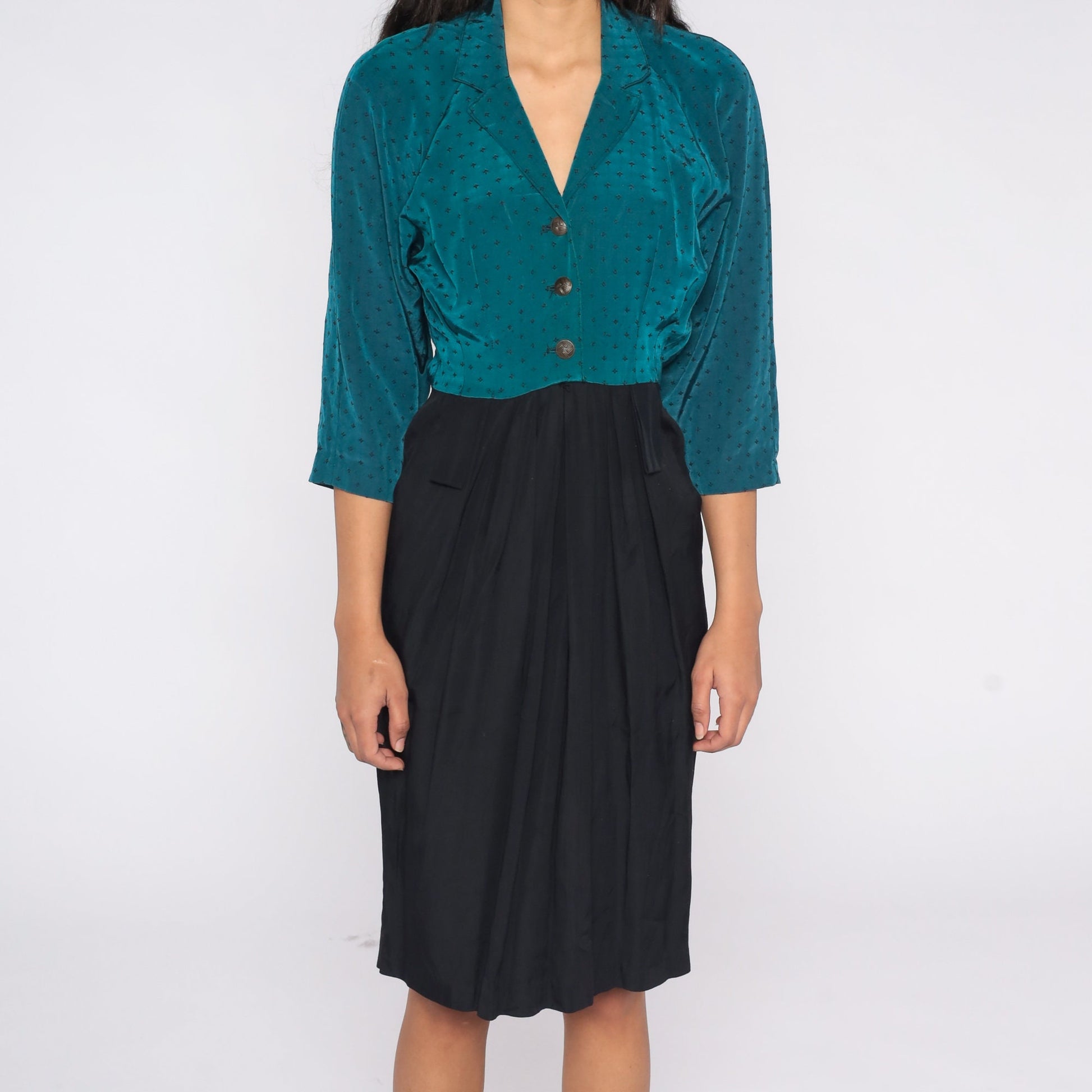 80s Teal Black Color Block Mini Dress Button Up Sheath Small S