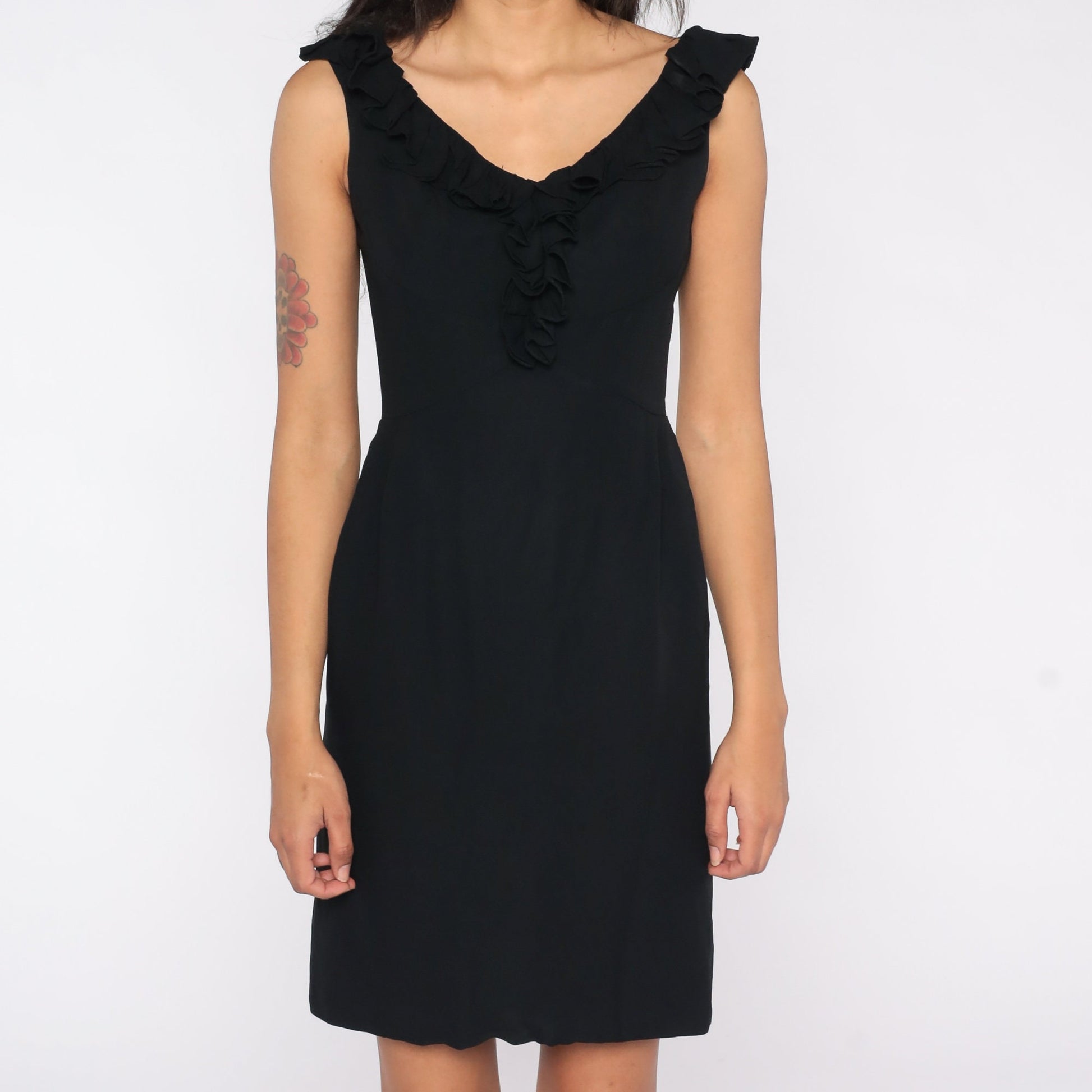 1960s Black Sheath Dress Ruffled Neckline High Waist Pencil Skirt Small