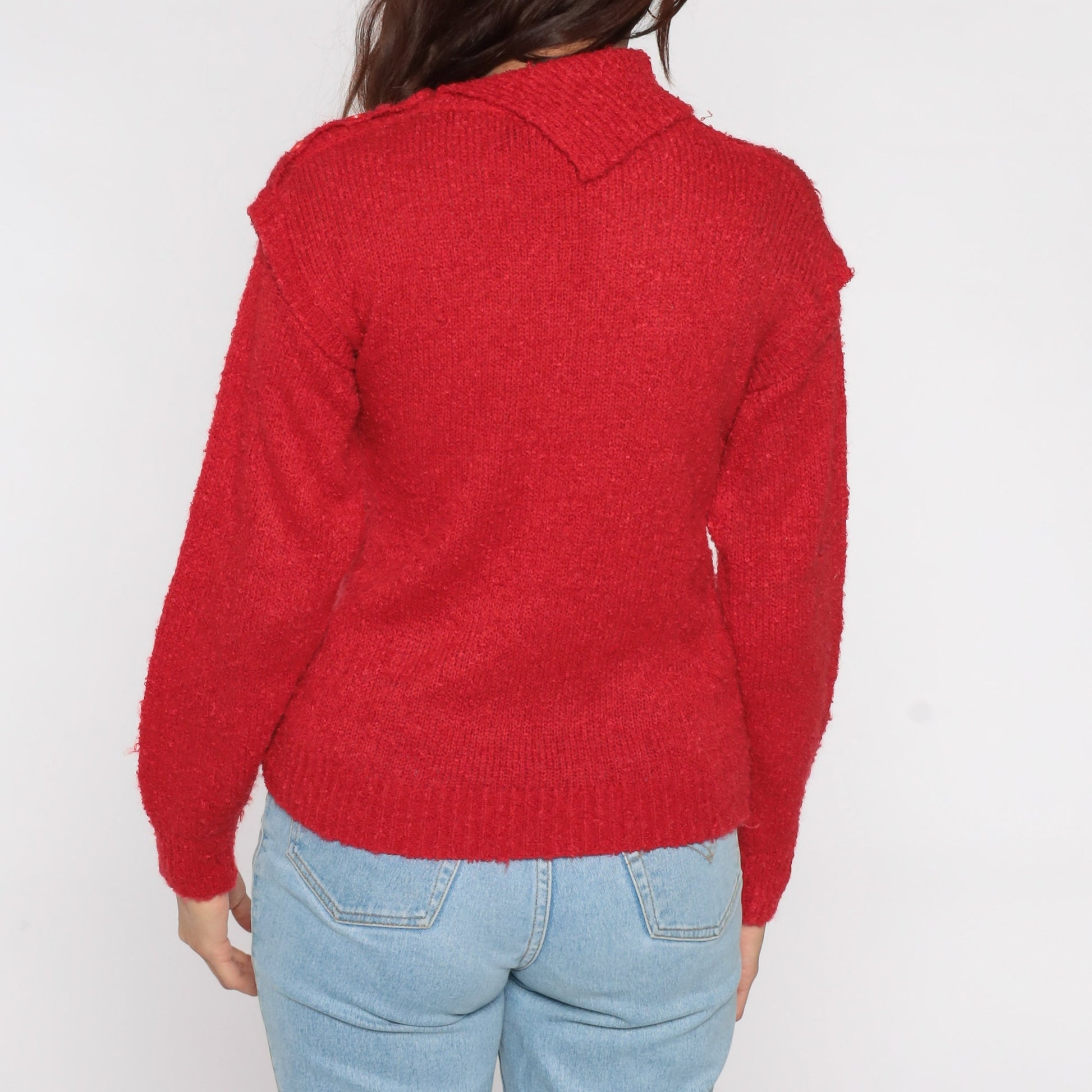 80s Red Knit Sweater Asymmetrical Collar Black Decorative Stitch Turtleneck Medium
