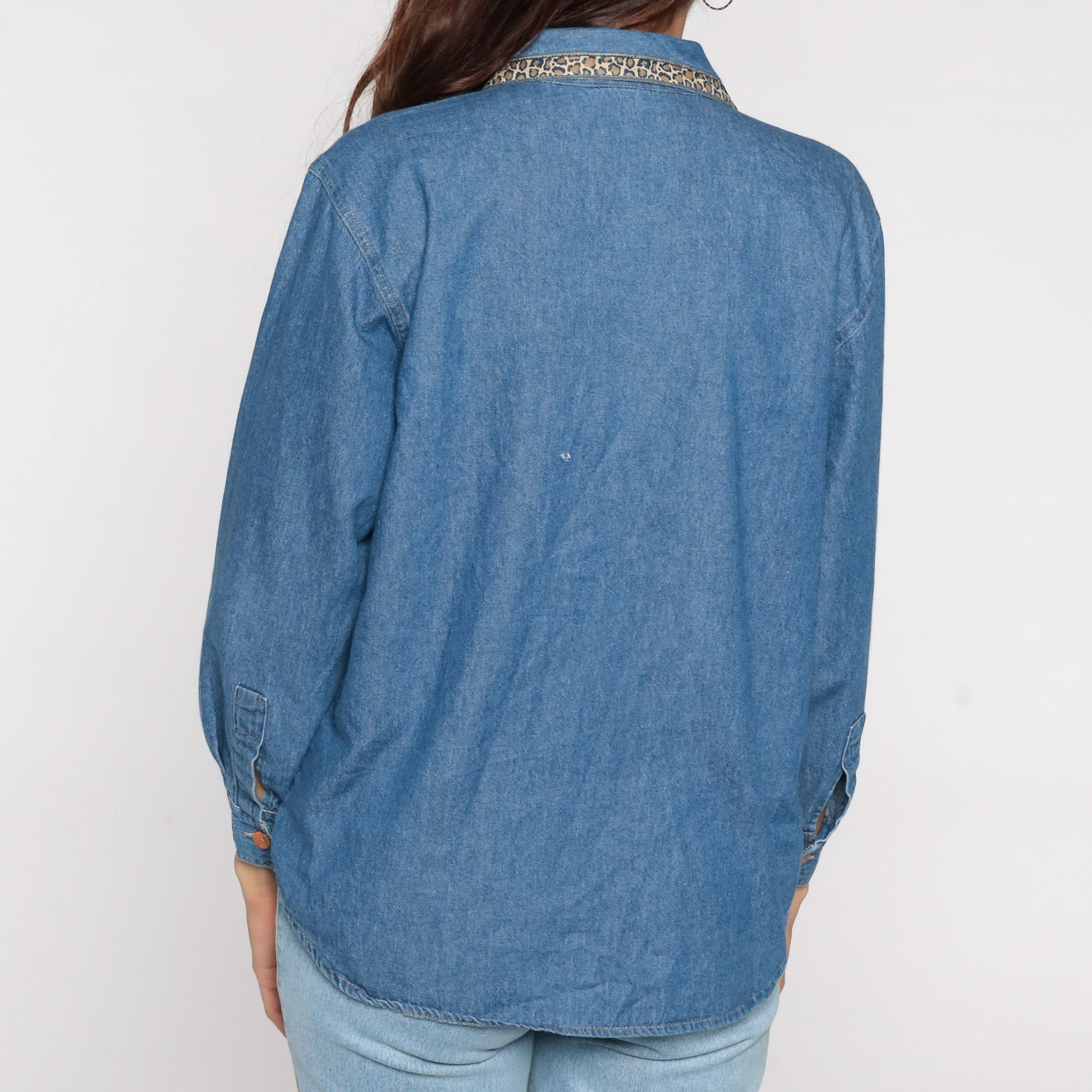 90s Denim Shirt Leopard Patchwork Abstract Blue Button Up Medium