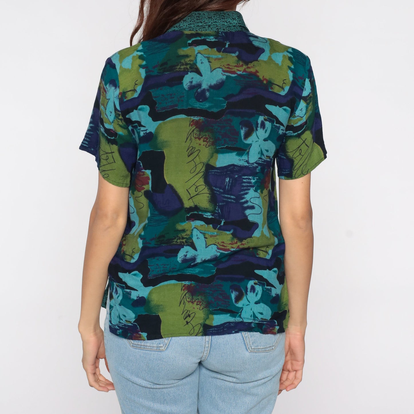 90s Abstract Watercolor Button-Up Blouse Dark Blue Green Short Sleeve Medium