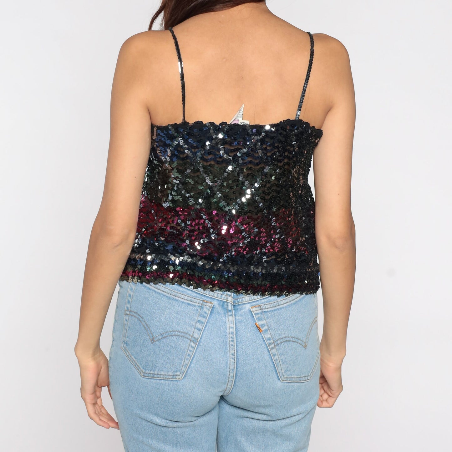 80s Black Sequin Tank Top Striped Diamond Pattern Crop Spaghetti Strap Medium