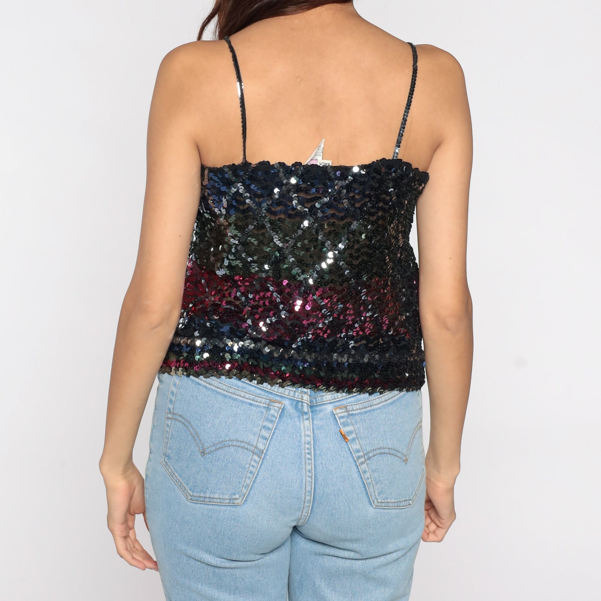 80s Black Sequin Tank Top Striped Diamond Pattern Crop Spaghetti Strap Medium