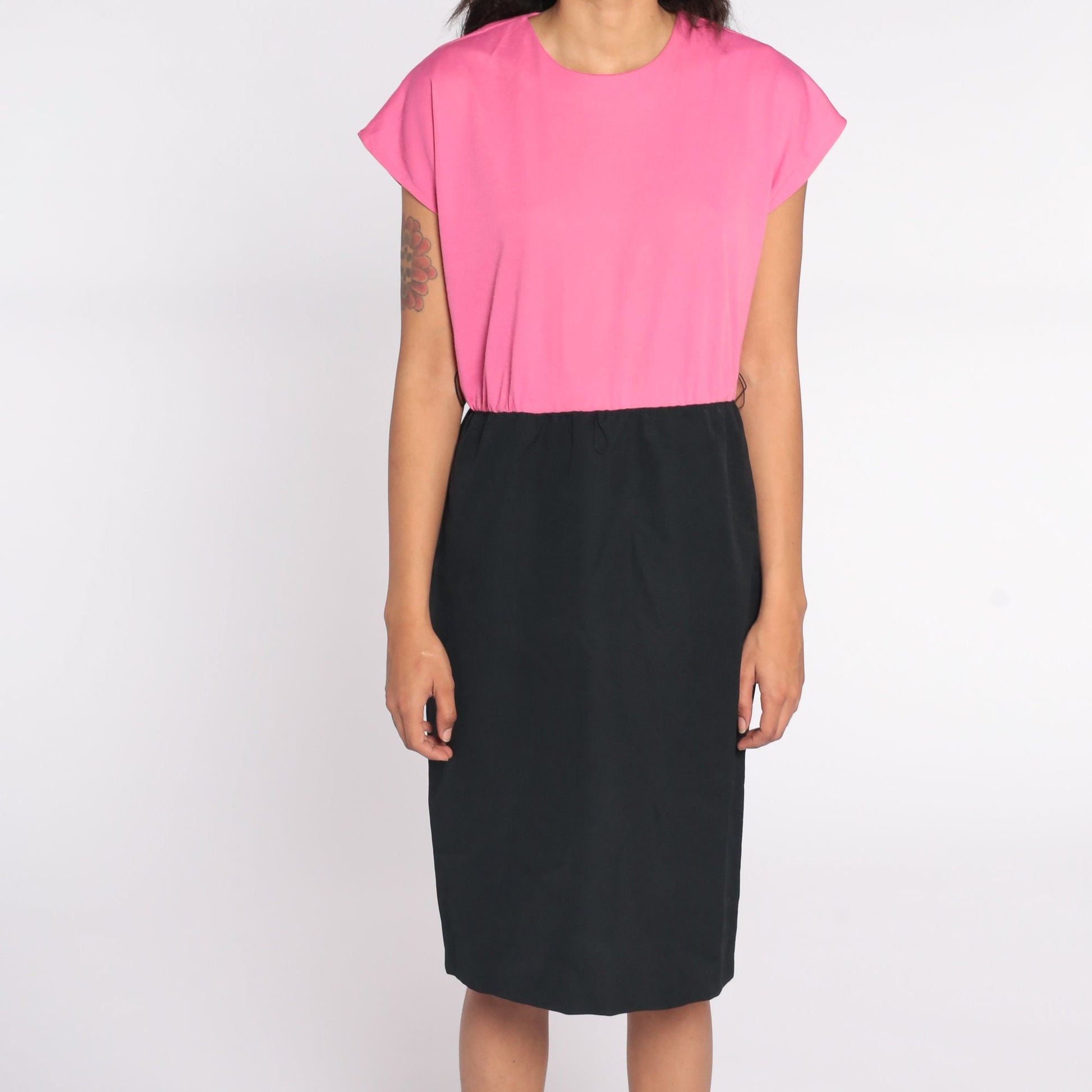 80s Black Pink Color Block Midi Sheath Dress Cap Sleeve Medium