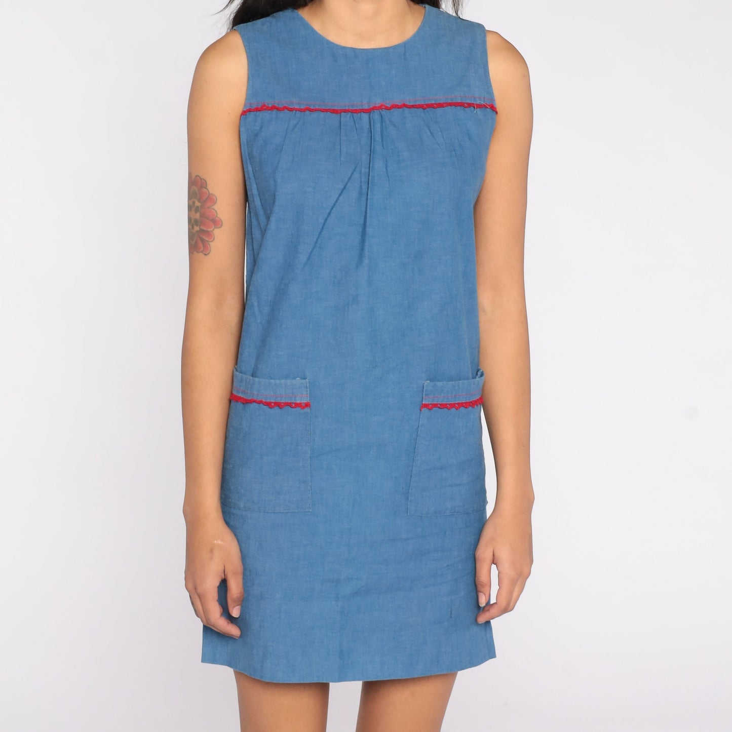 60s Blue Mod Shift Mini Dress Sleeveless Rear Zip Extra Small