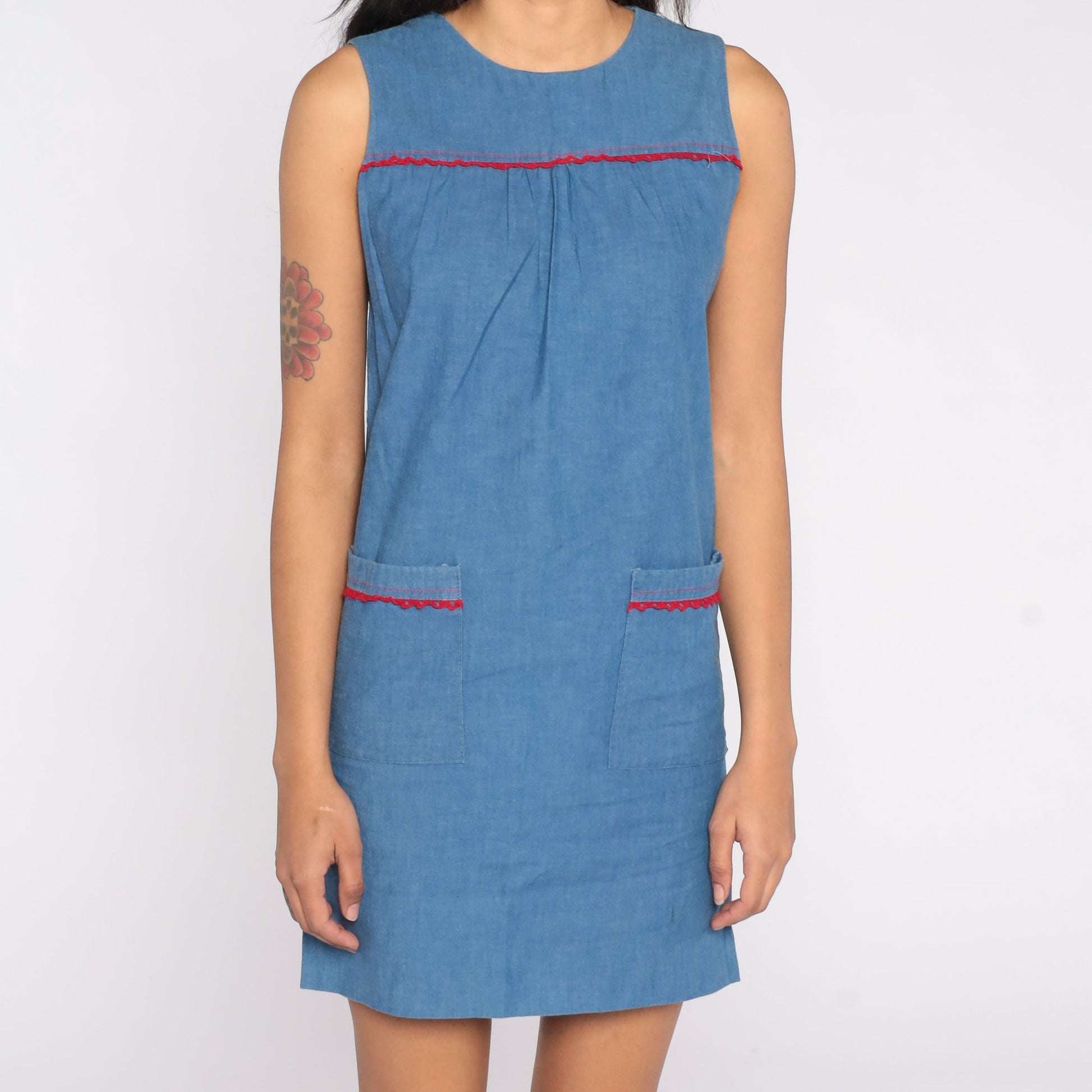 60s Blue Mod Shift Mini Dress Sleeveless Rear Zip Extra Small