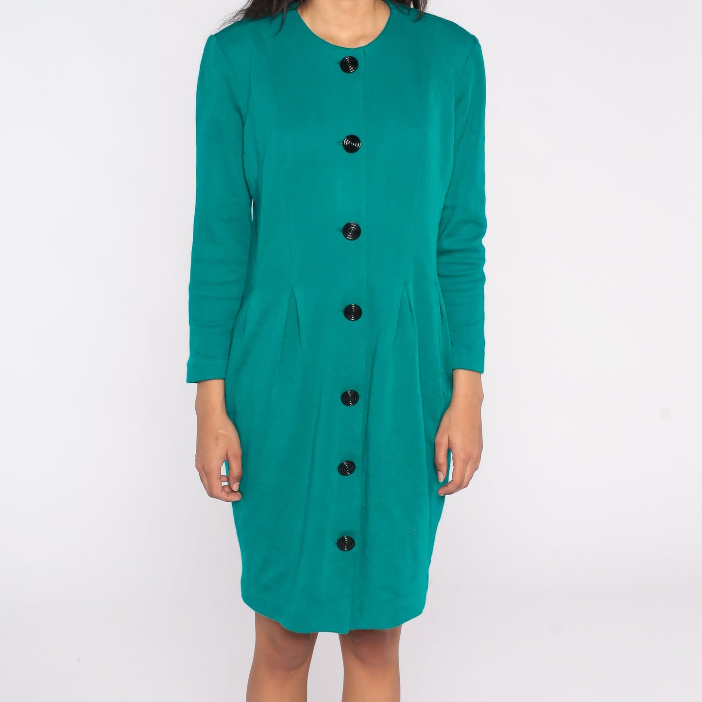 80s Teal Button-Up Mini Dress Sheath Cut Short Sleeve Large L