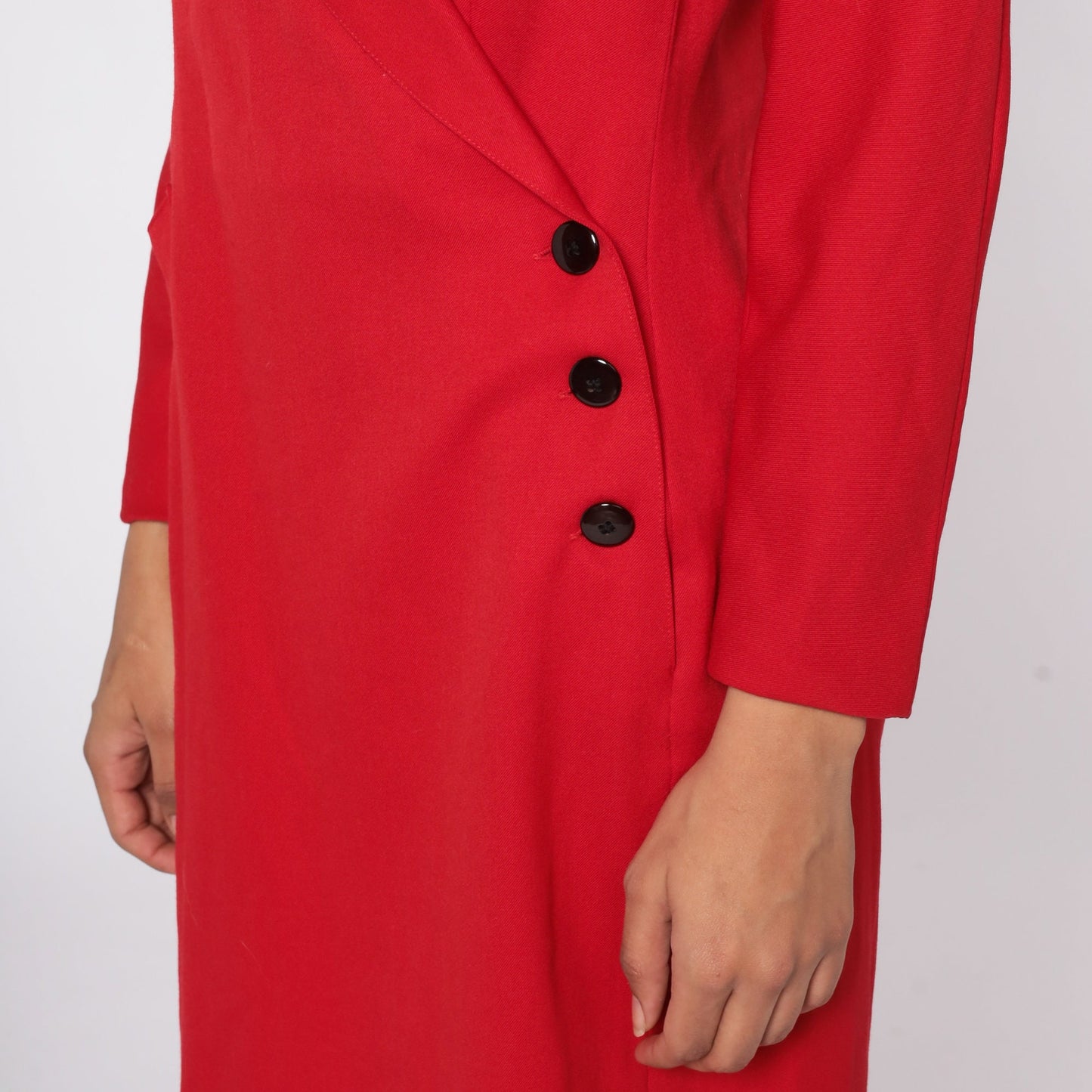 80s Red Wool Wrap Dress High Waist V Neck Midi Long Sleeve Medium 8