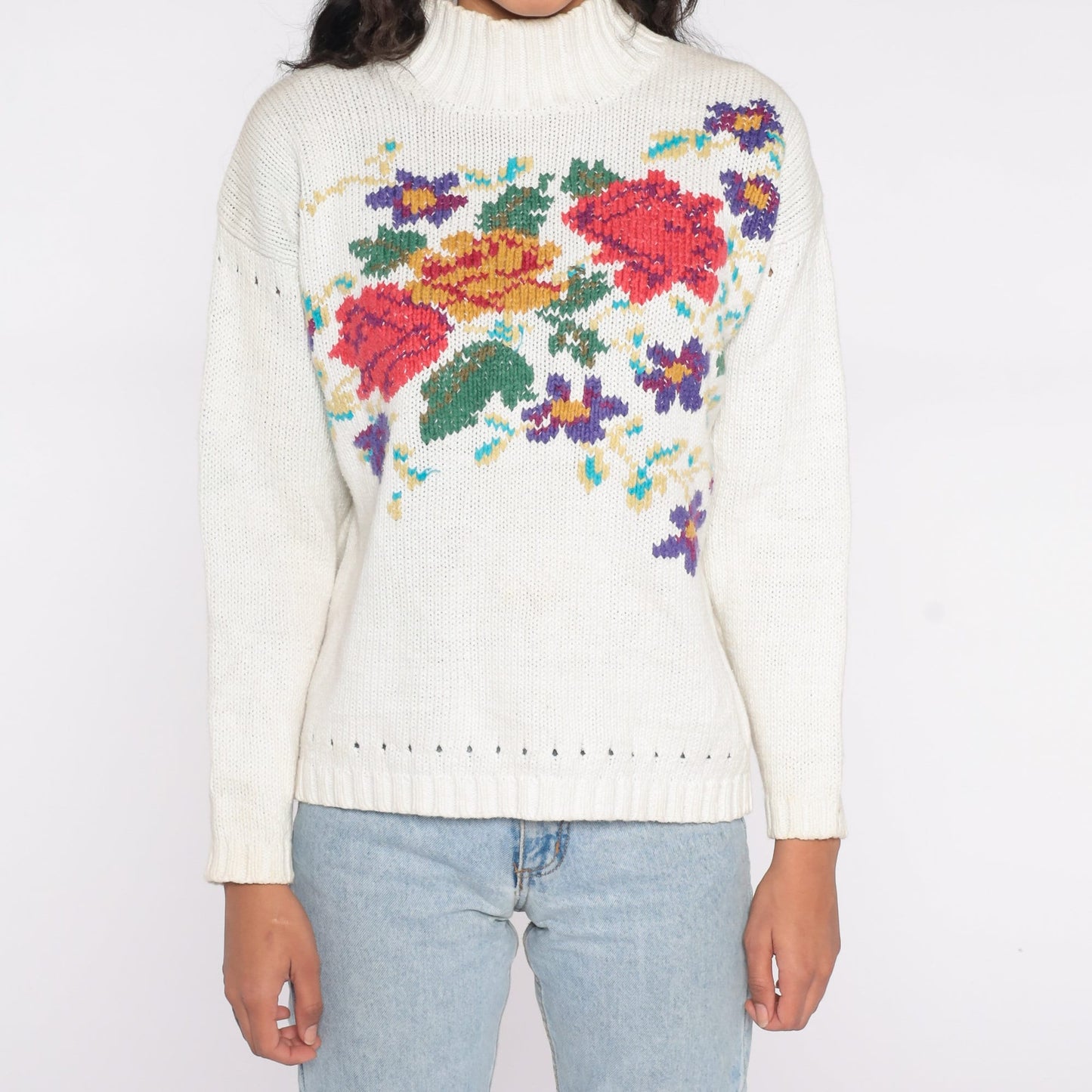 90s White Floral Mock Neck Sweater Cotton Ramie Knit Pullover Medium