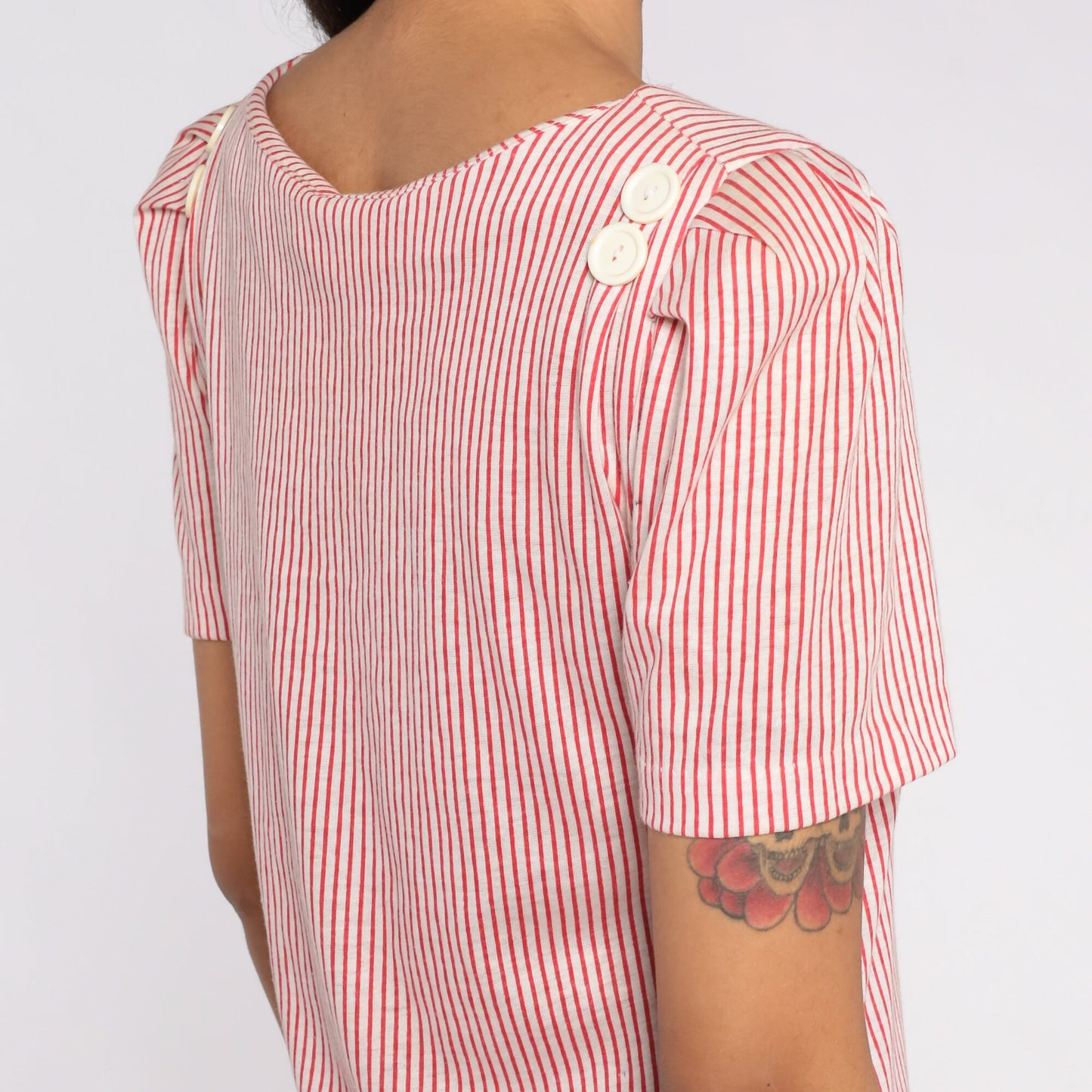 80s Red White Striped Puff Sleeve Mini Shirtdress Small