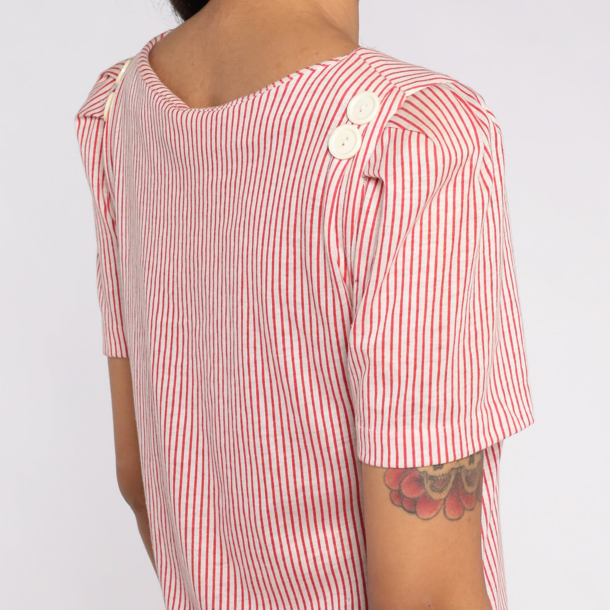 80s Red White Striped Puff Sleeve Mini Shirtdress Small